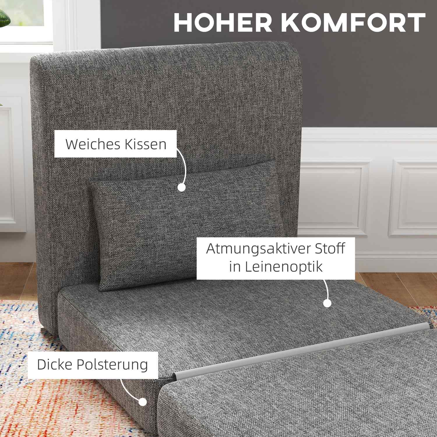 Bäddsoffa och golvstol, 240 kg belastning, grått linne