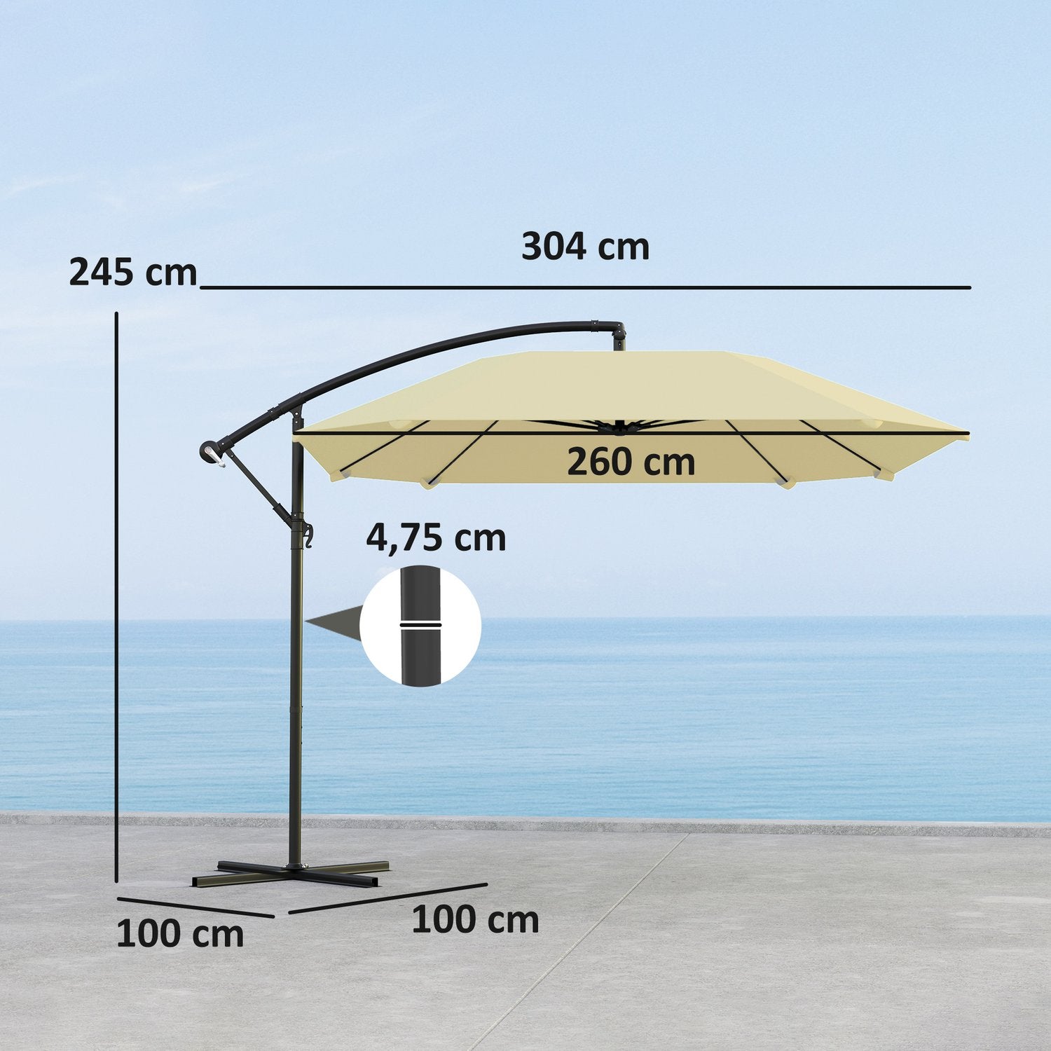 Beige 260 cm fribärande aluminiumparaply – Vattentätt & lutningsbart