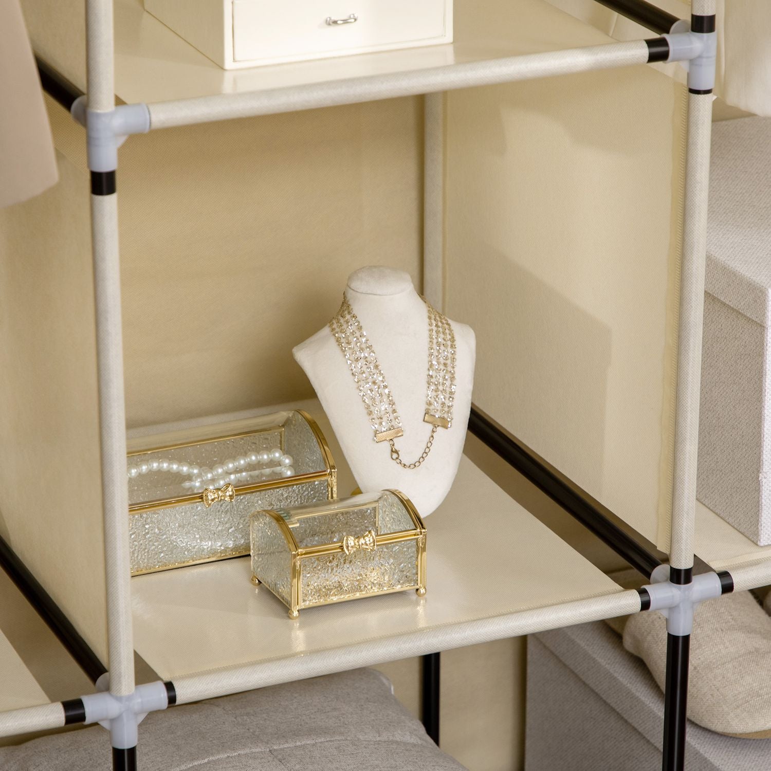 Beige Tyggarderob, 8 våningar, hopfällbart skåp