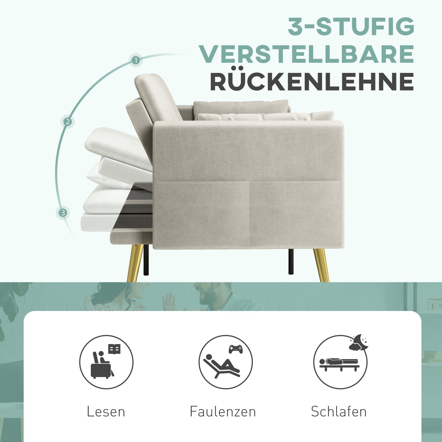 Beige bäddsoffa, 2-sits med justerbart ryggstöd & ficka