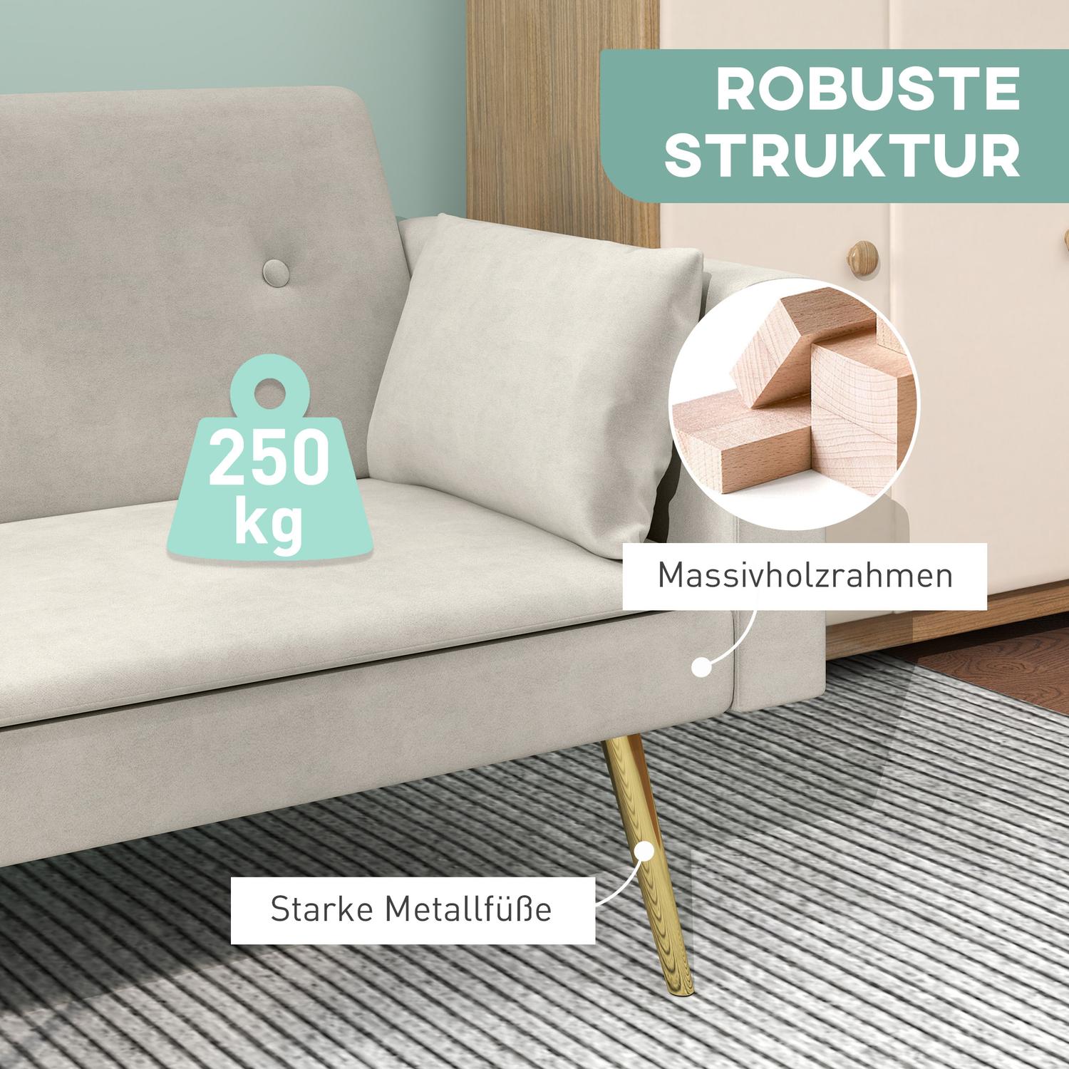 Beige bäddsoffa, 2-sits med justerbart ryggstöd & ficka