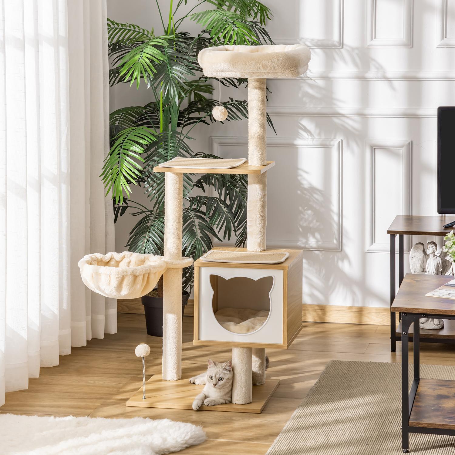 Beige kattträd med grotta och sisalstolpar, 126 Cm