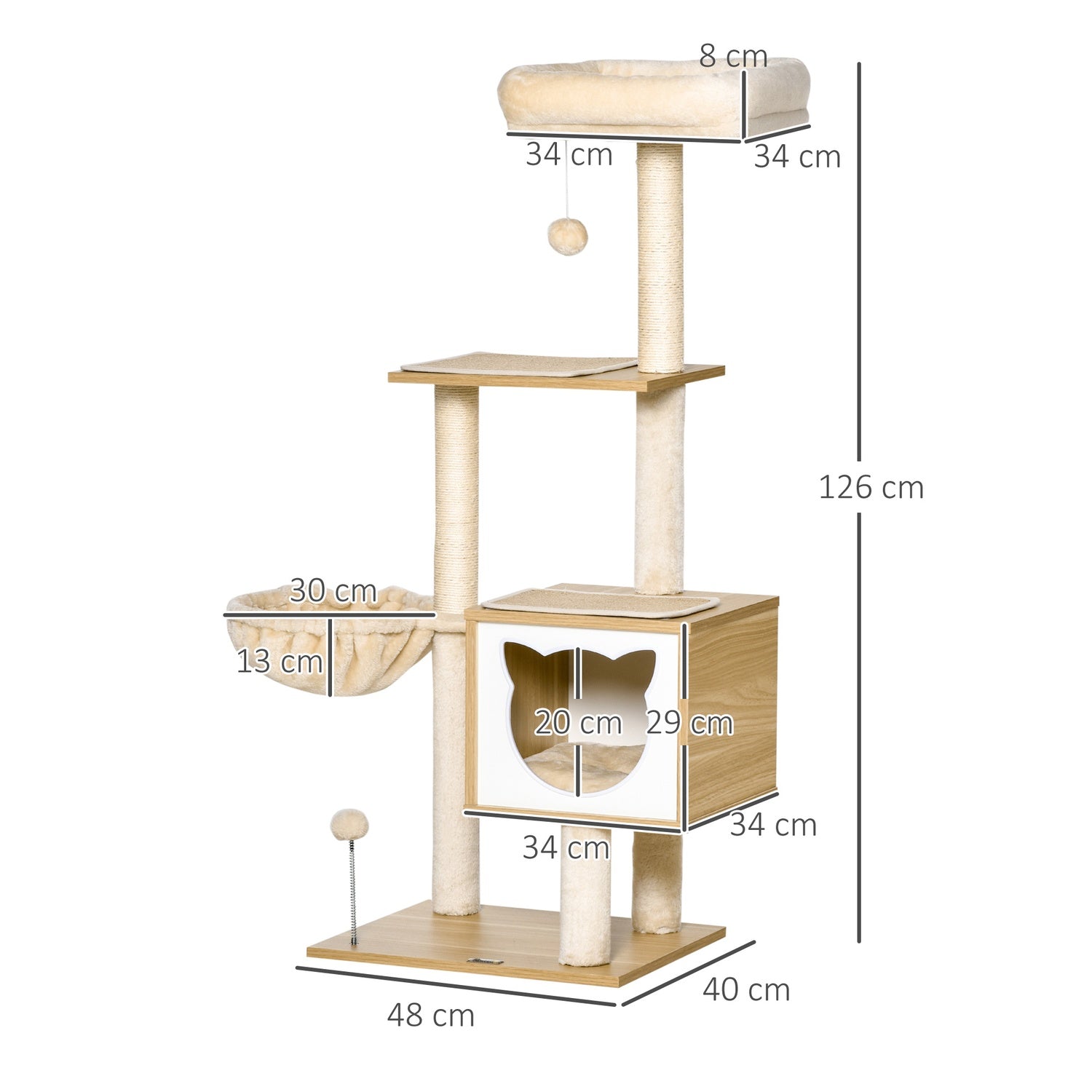 Beige kattträd med grotta och sisalstolpar, 126 Cm