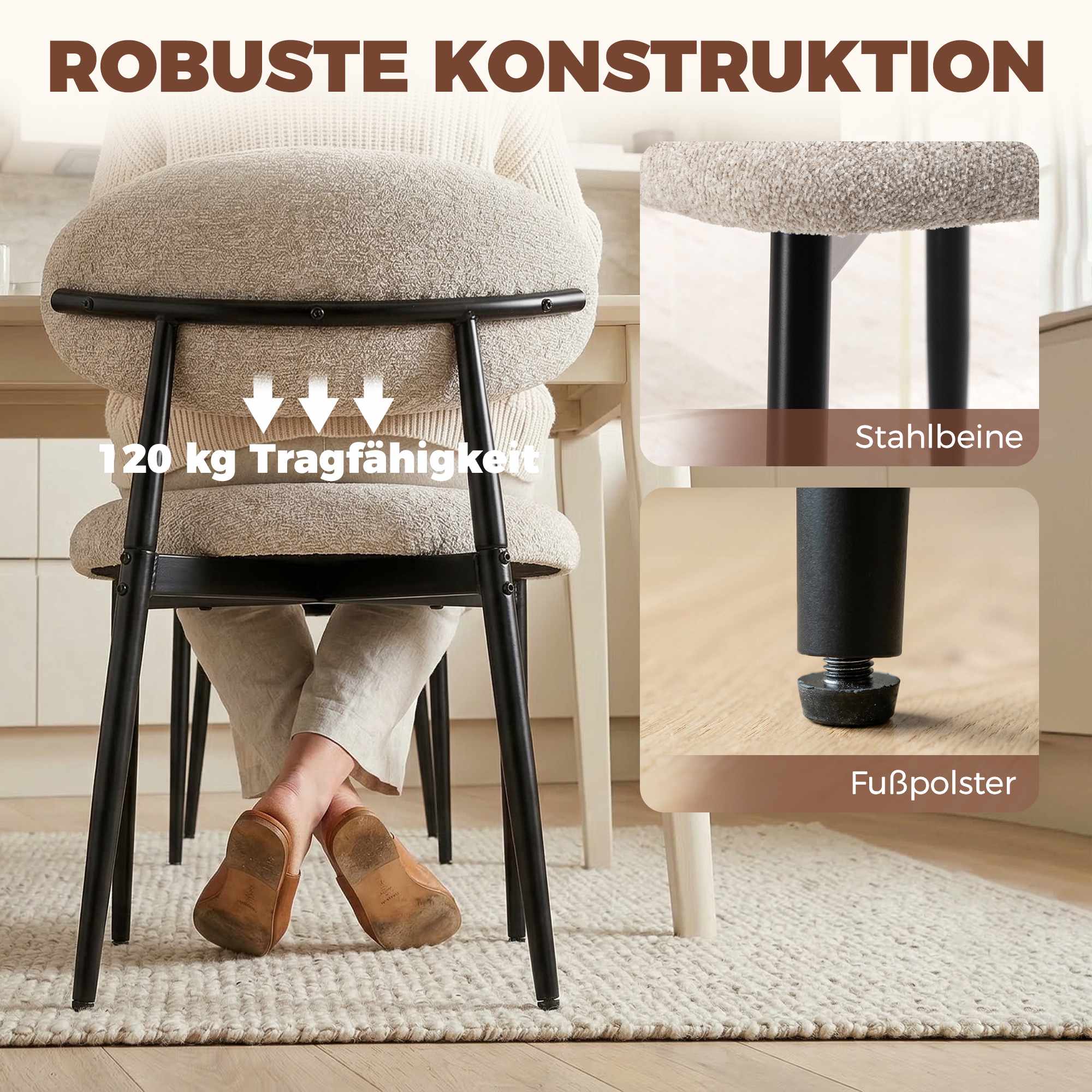 Beige matstolar set om 2 med stoppade sitsar och stålben