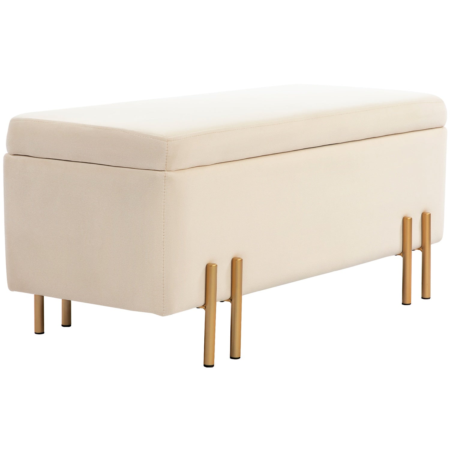 Beige sammetsklädd förvaringsbänk med träben