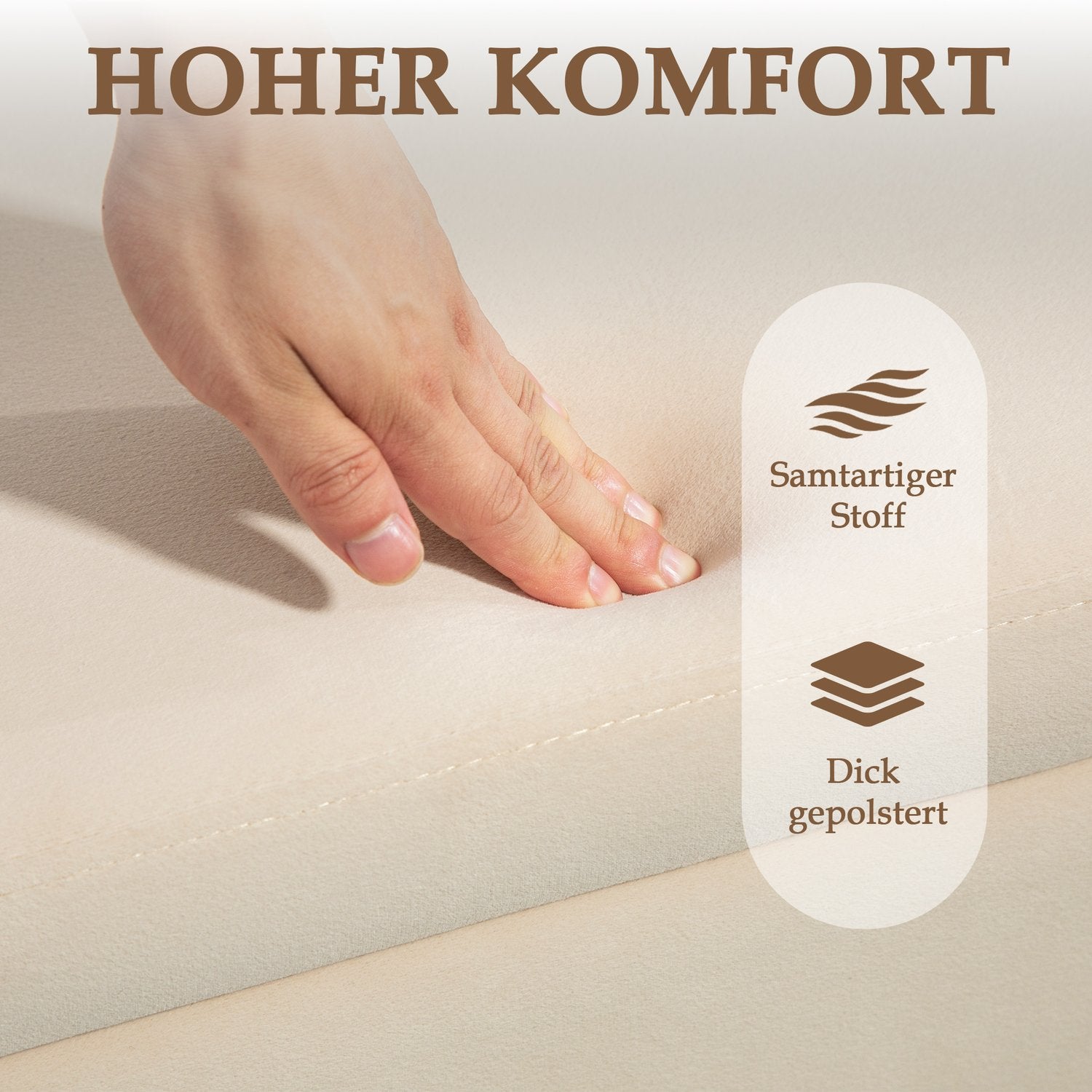 Beige sammetsklädd förvaringsbänk med träben