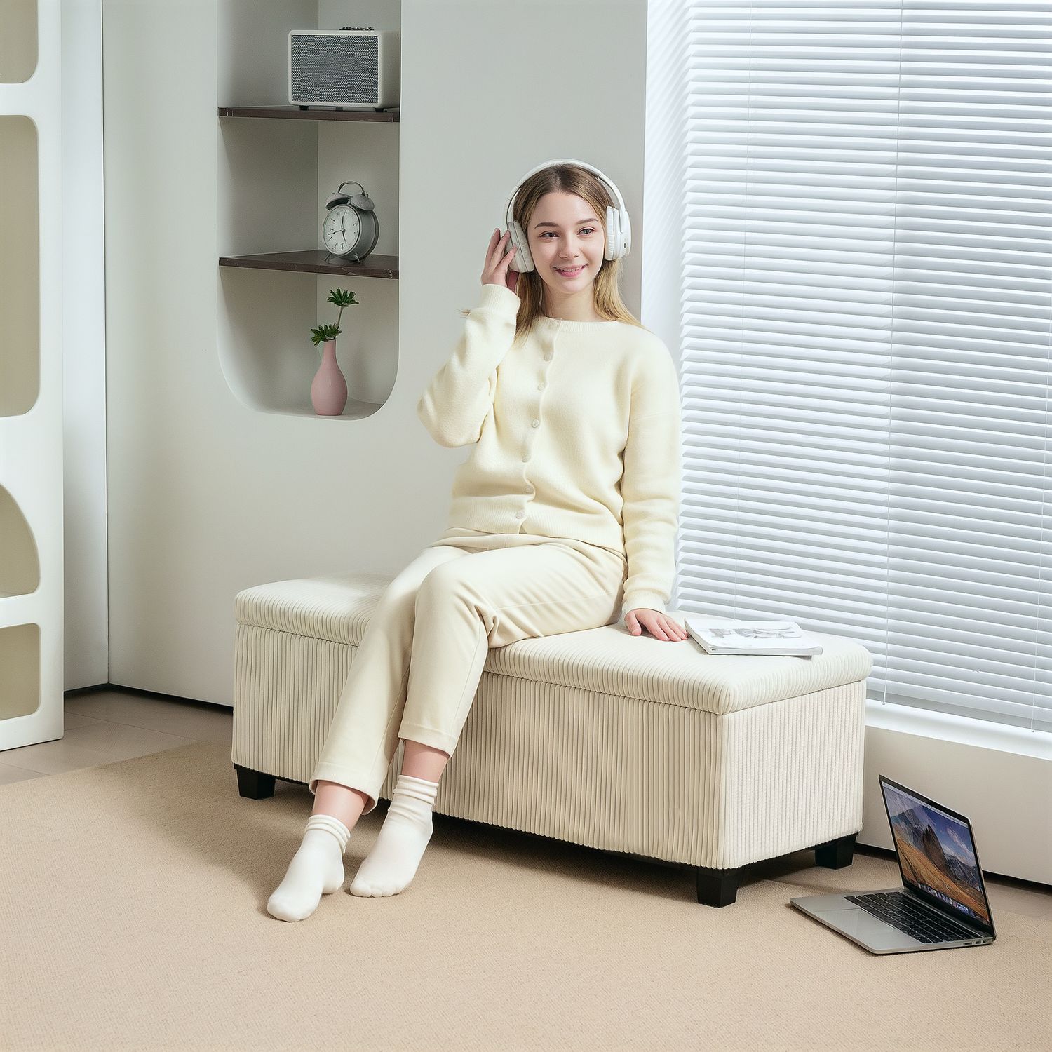 Beige stoppad förvaringsbänk, stålben, 112 x 42 x 40 cm