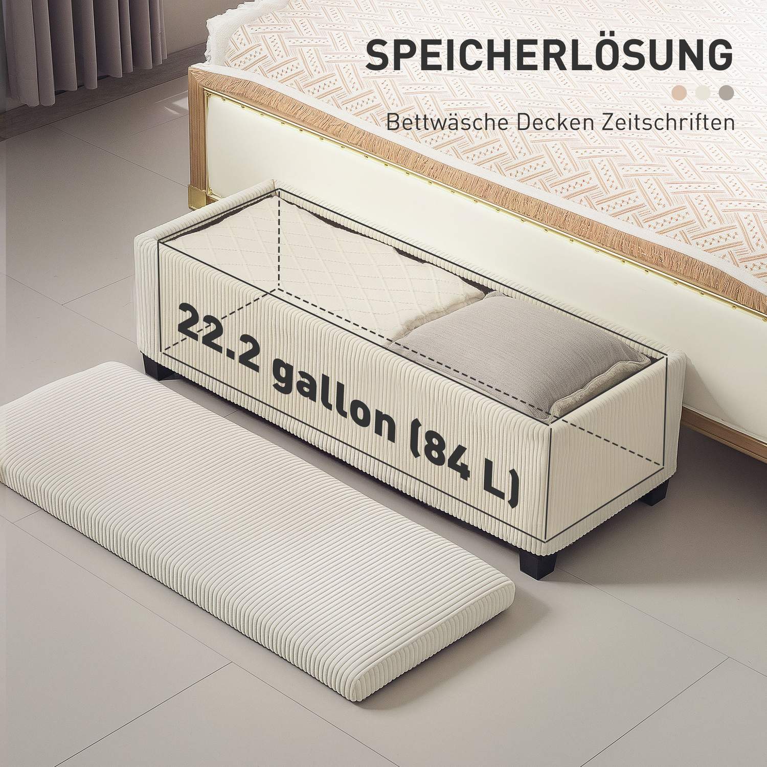 Beige stoppad förvaringsbänk, stålben, 112 x 42 x 40 cm