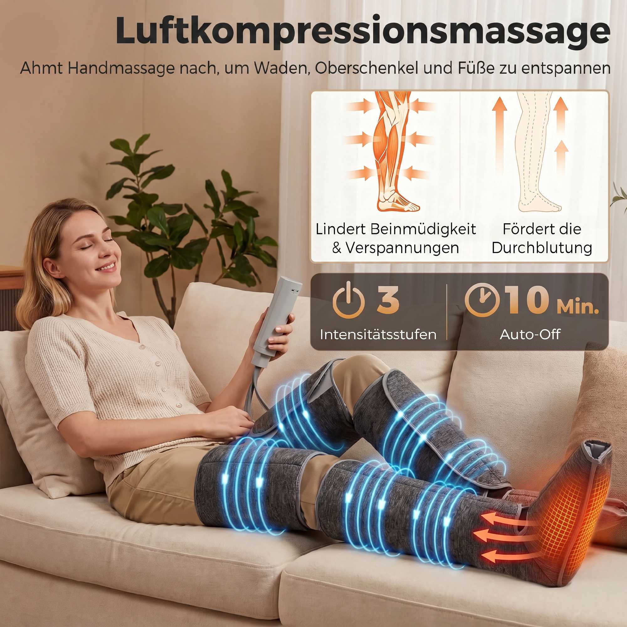 Benkompressionsmassageapparat med värme, 3 lägen, 3 intensiteter