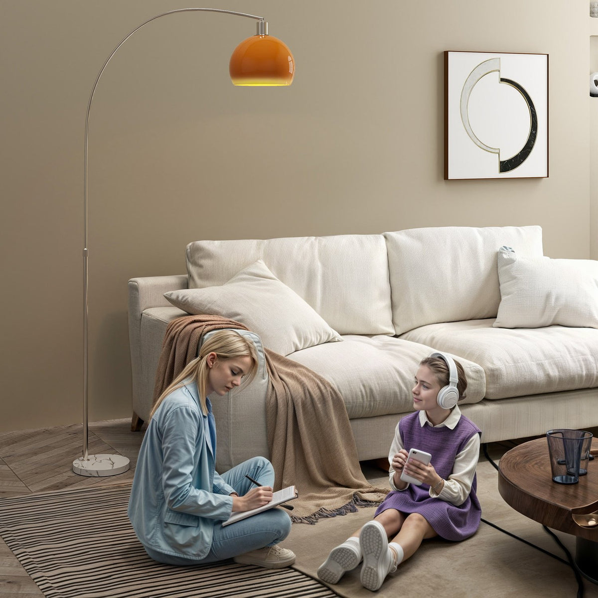 Båggolvlampa med fotpedal, marmorfot, vit/orange