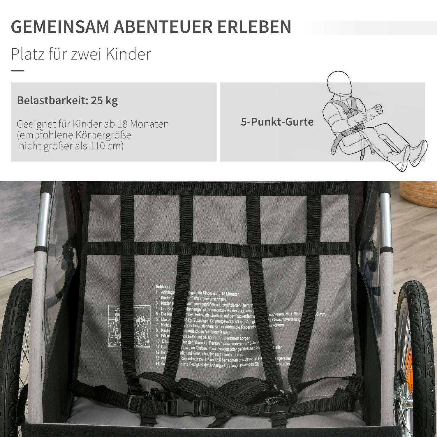 Cykelvagn Jogger Barnvagn 360° Vridbar Med Fempunktsbälte Grått + Svart 160 X 84 X 106 Cm