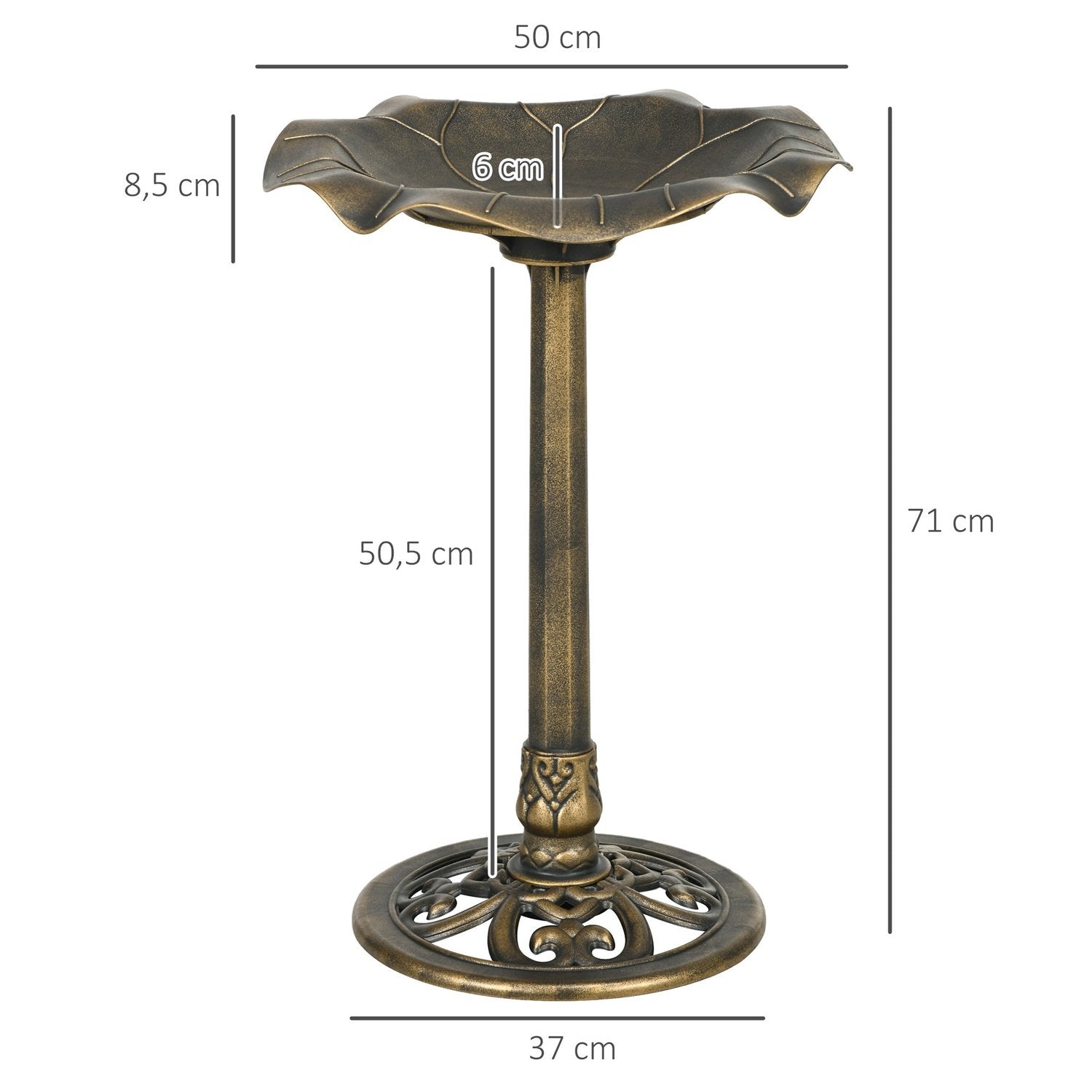 Fuglebad med stativ, 71 cm høyde, fuglebad, fuglebasseng, fuglemater med lotusbladbasseng, bronse