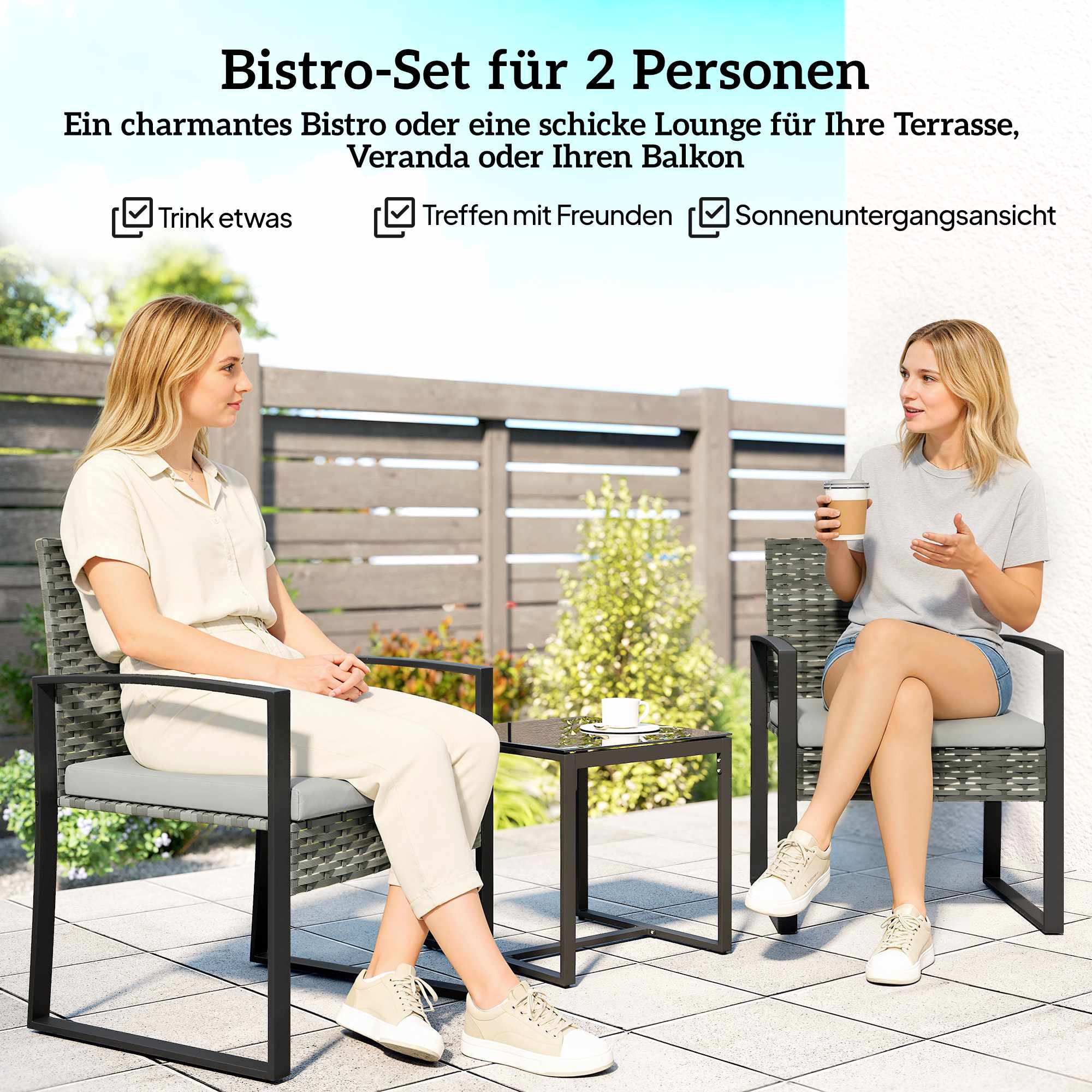 Bistrogrupp med kuddar, PE-rotting, glasbordsskiva