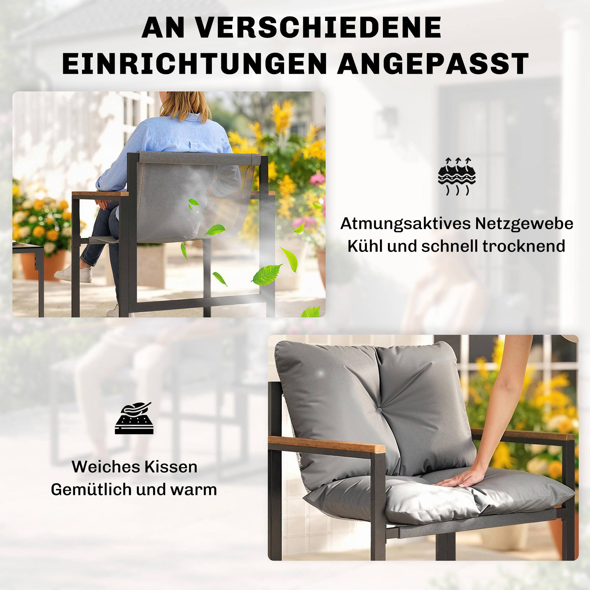Bistrogrupp med stoppade stolar och bord, svart/grå