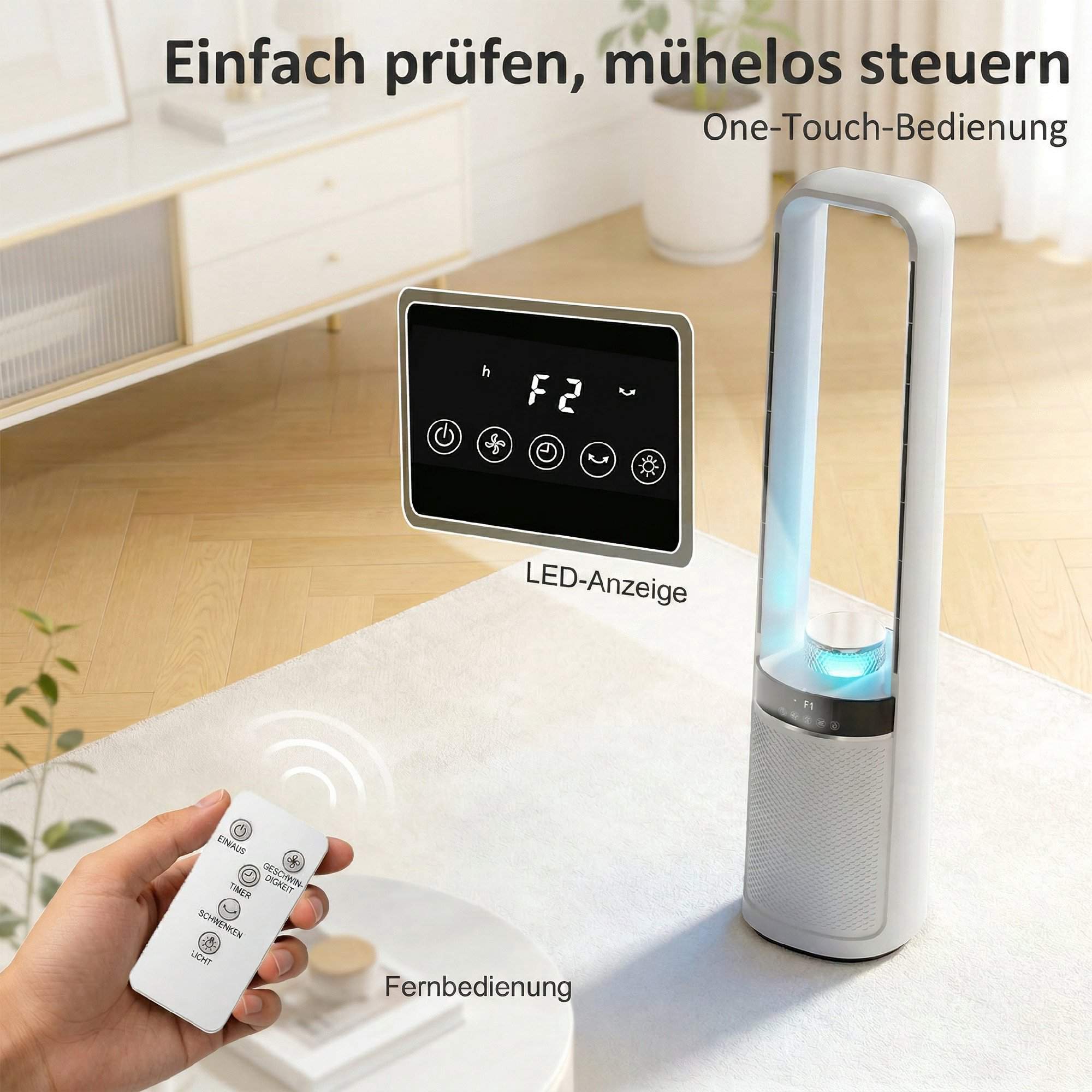 Bladlös tornfläkt med fjärrkontroll, 45 oscillationer, timer