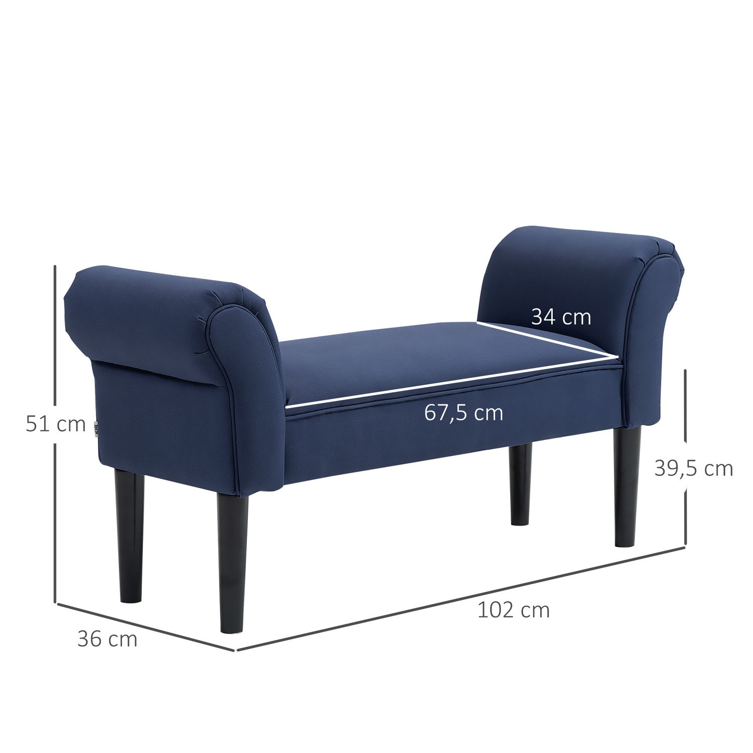 Blå stoppad sängbänk, 130 kg Kapacitet, 102 x 36 x 51 cm