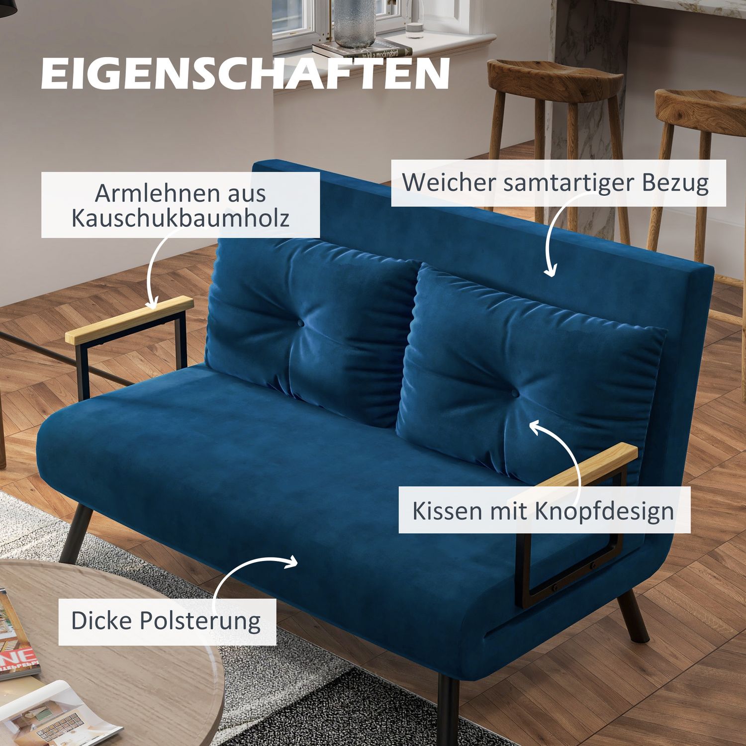 Blue Velvet bäddsoffa, justerbart ryggstöd, hopfällbar design