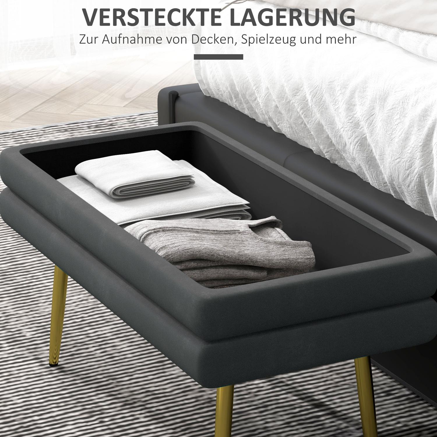 Klädd bänk i grå sammetslook med förvaringsutrymme