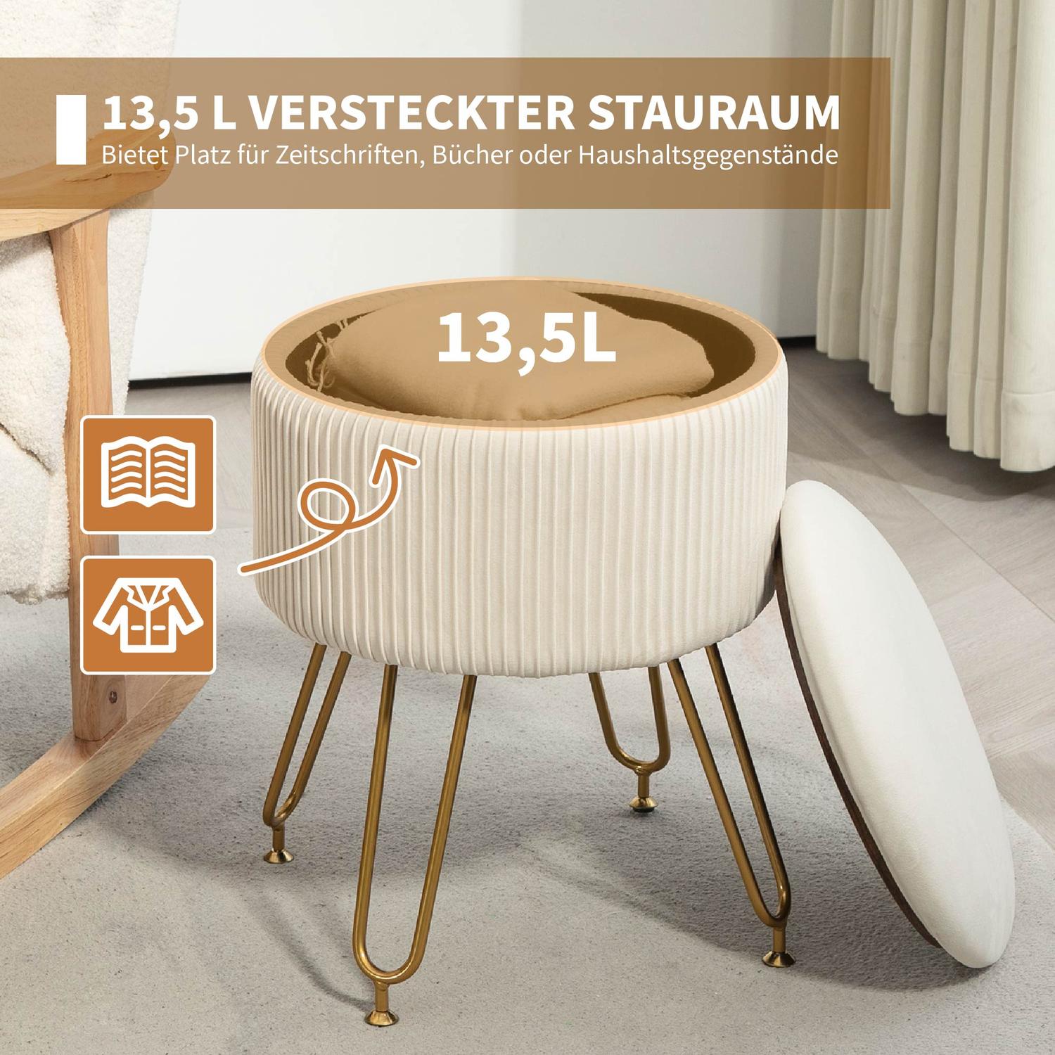 Förvaringsbänk, sammetsklädd, krämfärgad, stålram