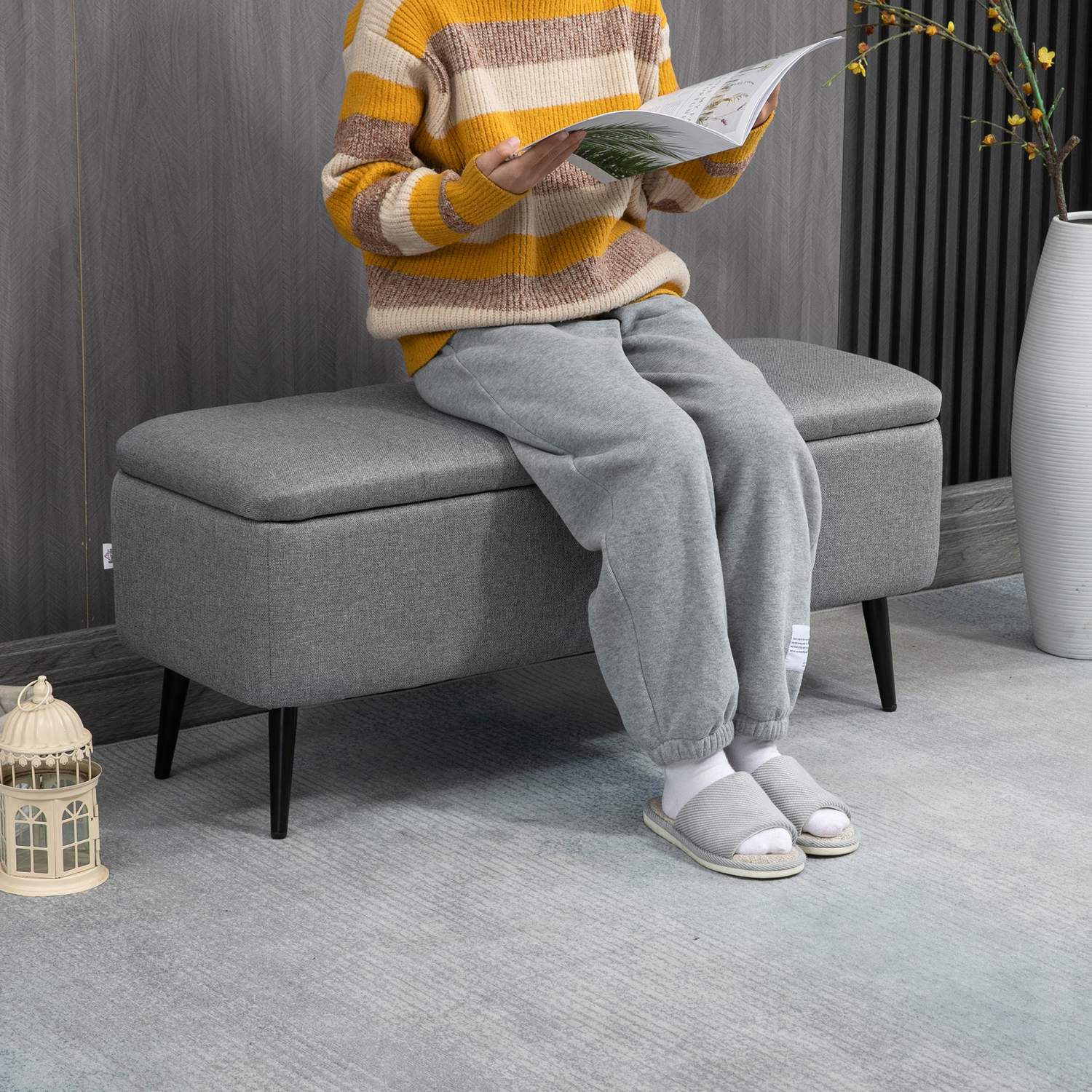 Bänk med förvaringsutrymme Klädd bänk med linnelook, sittbräda med stålben 102 x 40 x 44 cm, grå