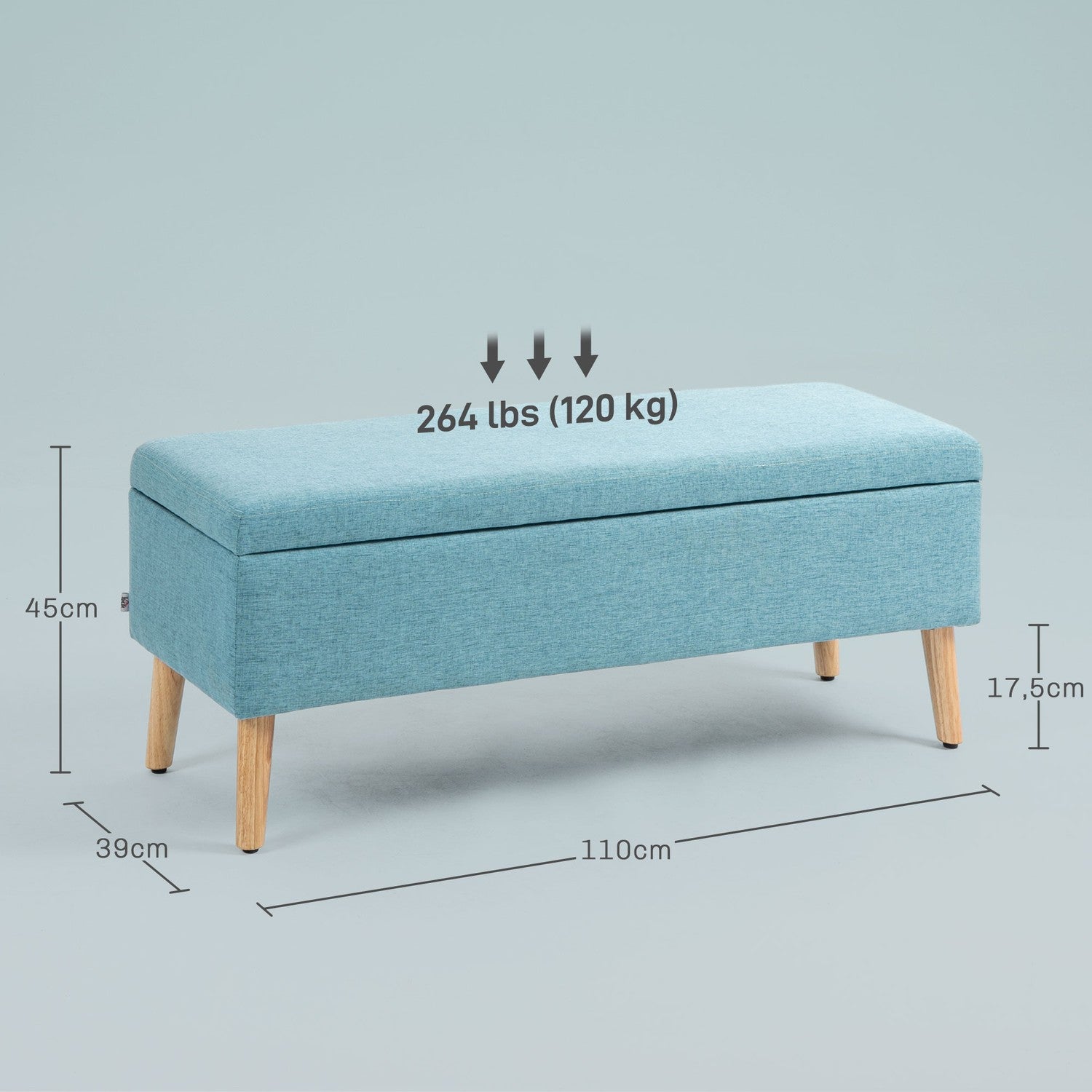 Blå stoppad bänk med förvaring – 110 x 39 x 45 cm