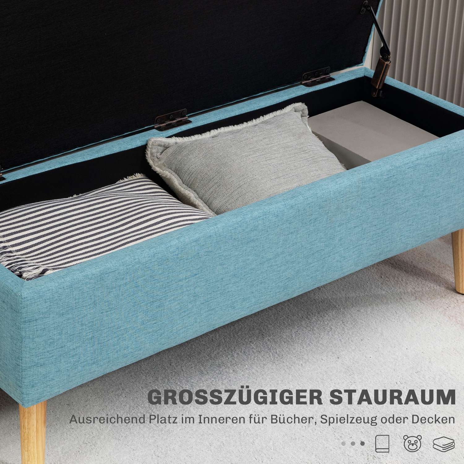 Blå stoppad bänk med förvaring – 110 x 39 x 45 cm