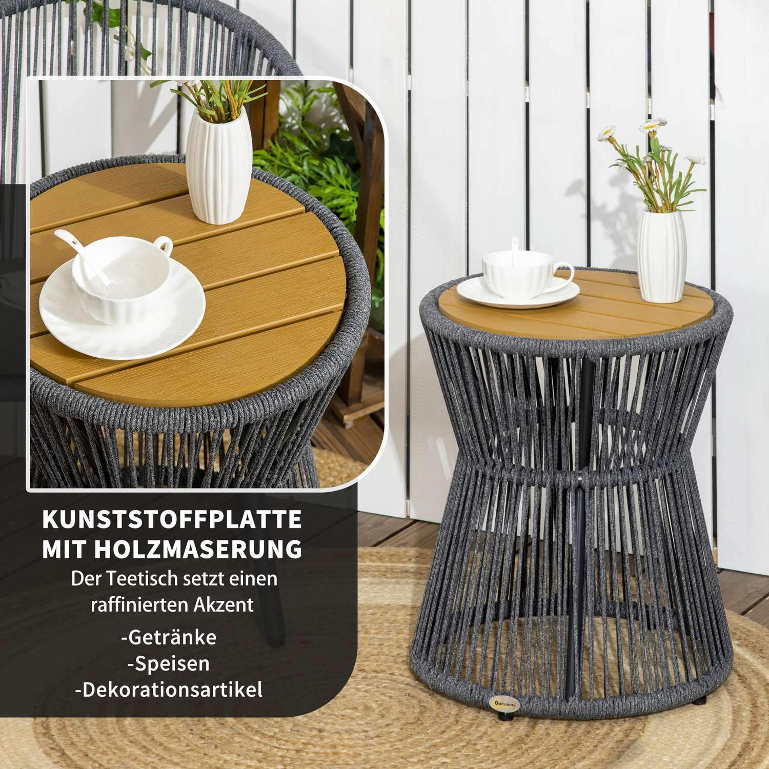 Trädgårdsbord, Bistrobord, Soffbord Med Plastbordsskiva Med Justerbara Fötter, För Uteplats, Mörkgrå + Naturlig