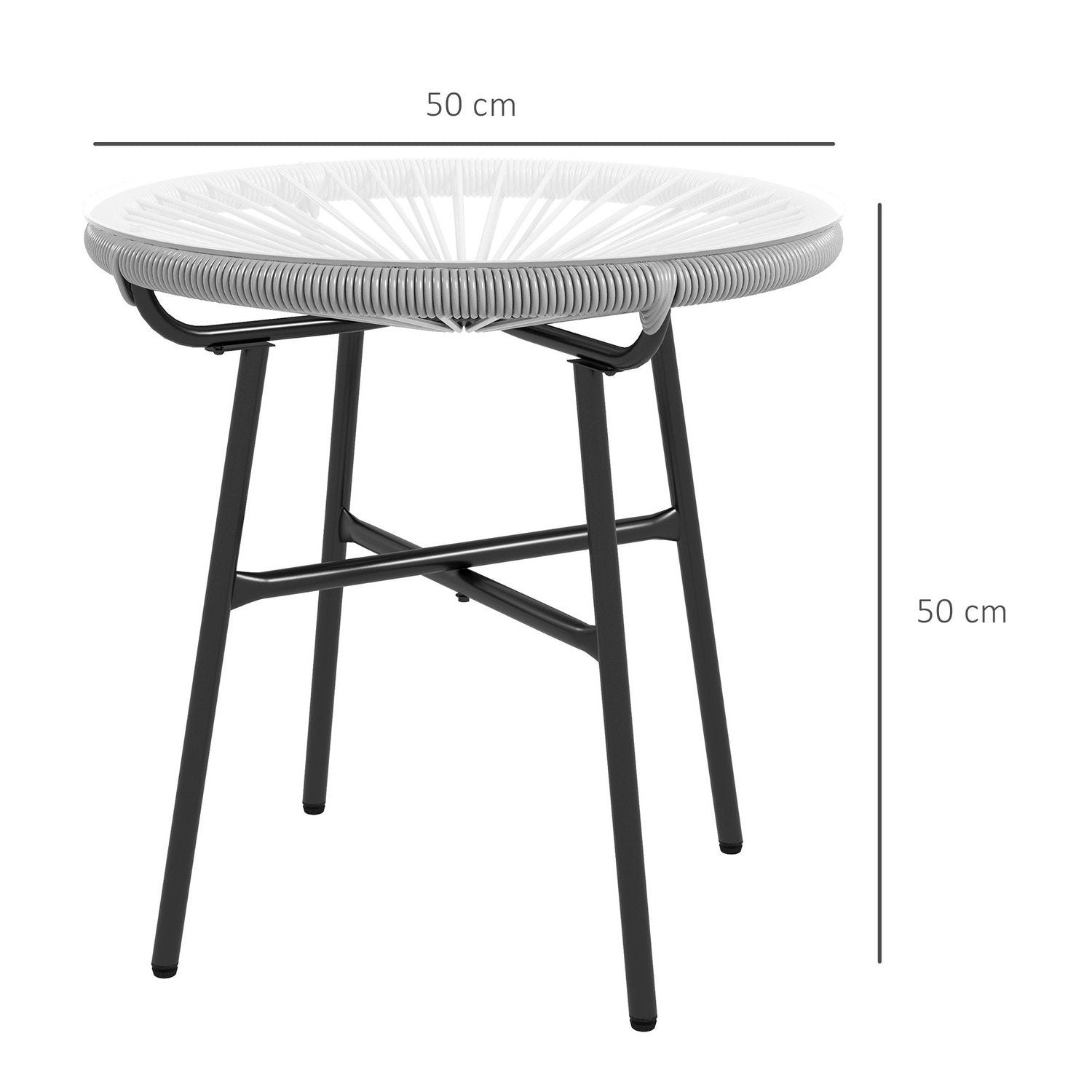 Rattan Sidobord, Bistrobord, Soffbord Med Glasbordsskiva, Runt, För Terrass, Balkong, Svart + Grå, 50X50X50Cm