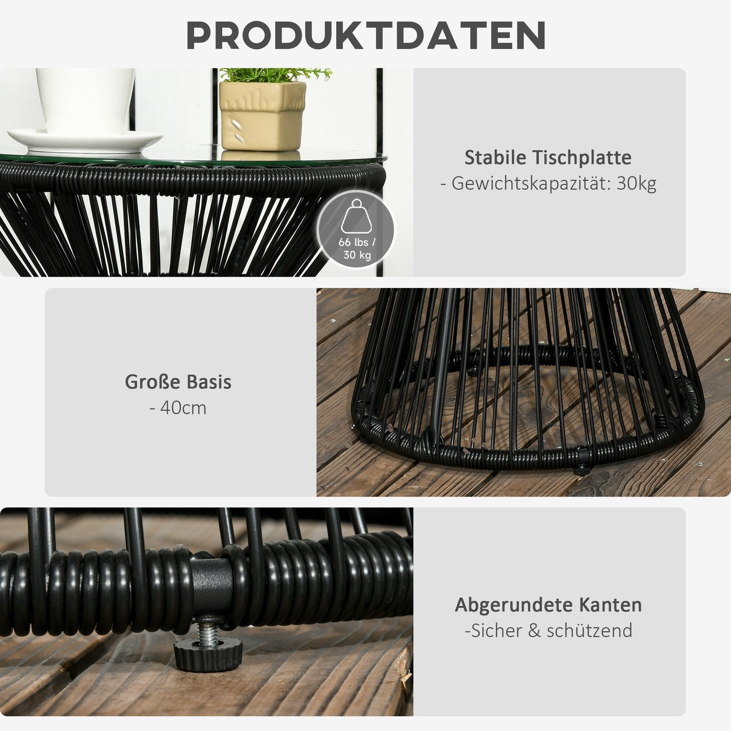 Hagebord med hultrommeldesign, bistrobord med glassbordplate, rundt sofabord, bistrobord med glassbordplate, svart