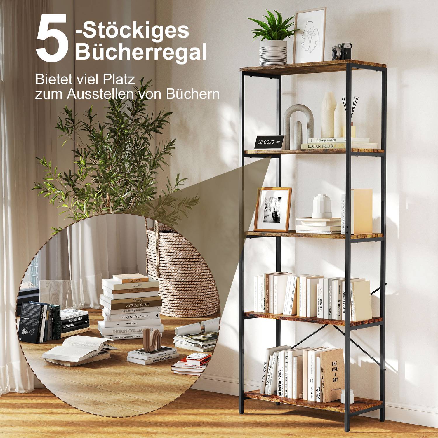 Bokhylla, 5 våningar, metallram, melamin, brun