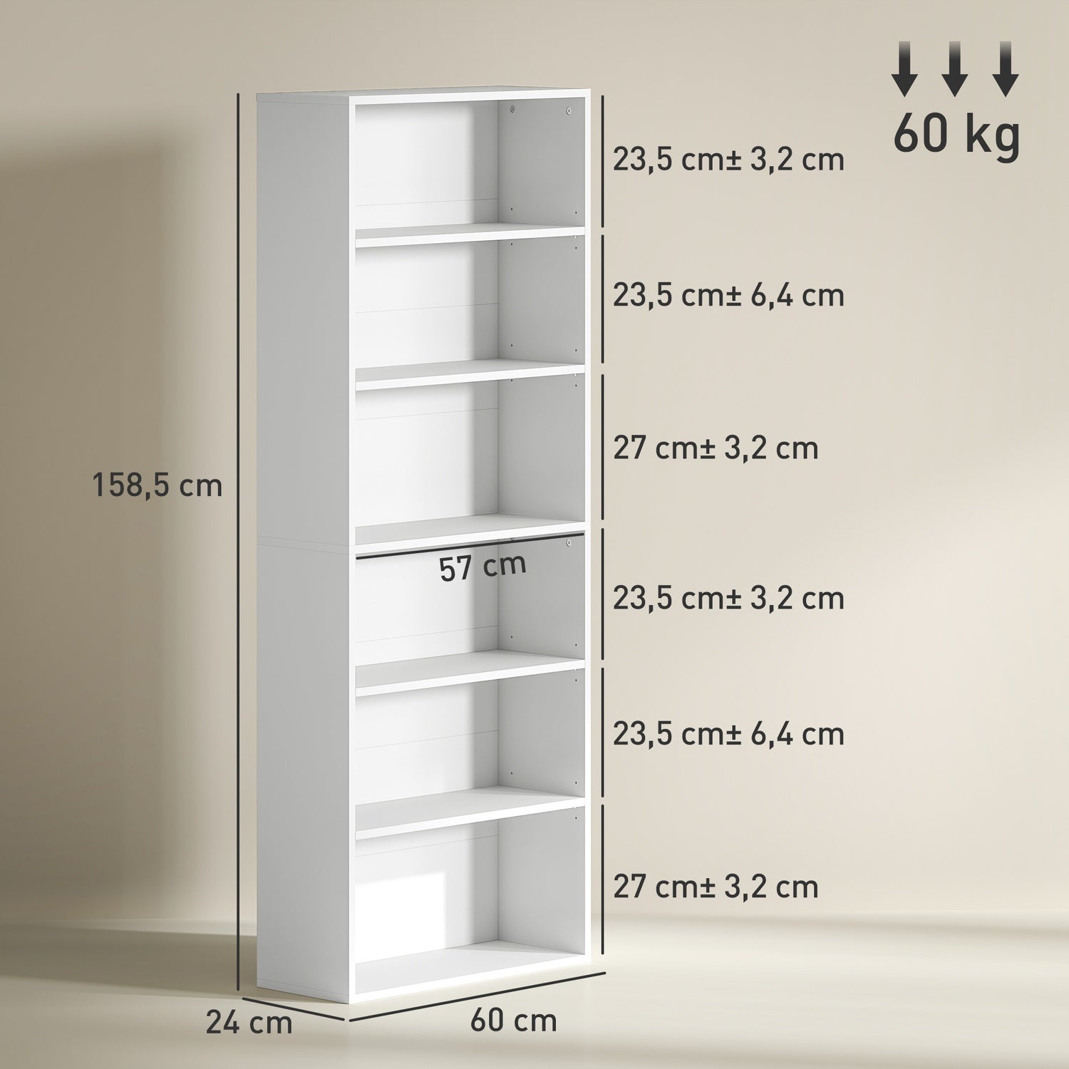 Bokhylla, 6 fack, justerbara hyllor, spånskiva, 60 x 24 x 158,5 cm, vit