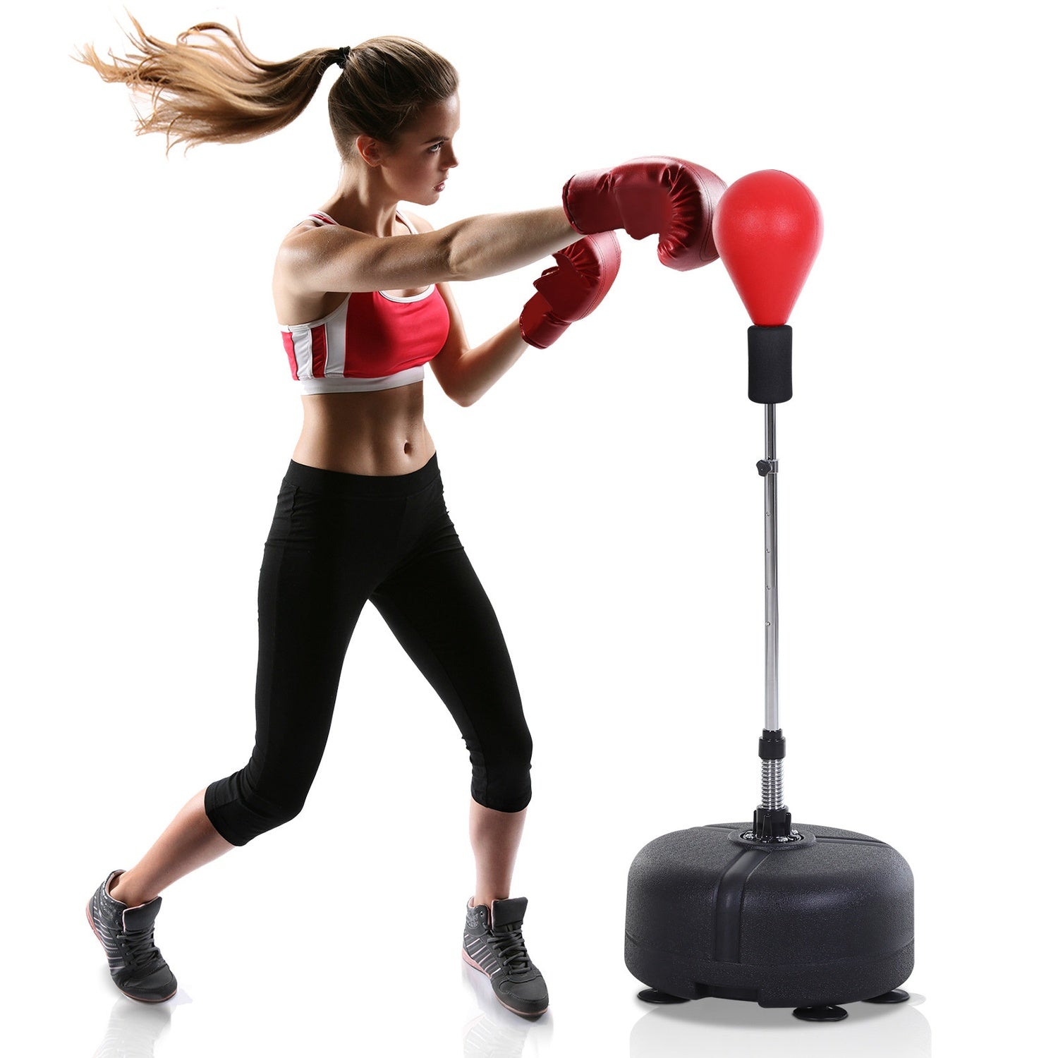 Boksboll med stativ, 136-154 cm höjdjusterbar boxningssäck, stående boll med boxningshandskar, för tonåringar och vuxna, för utrustning, stressavlastning, fitness, röd
