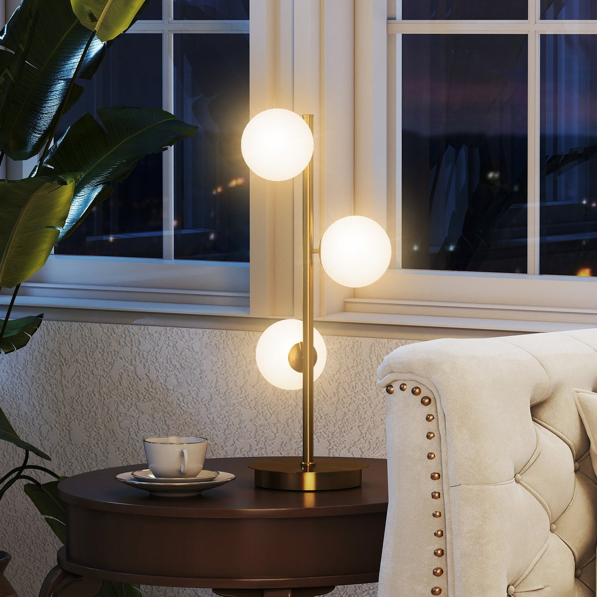 Bordlampe med 3 kuler, messingfinish, G9-sokkel, 53 cm