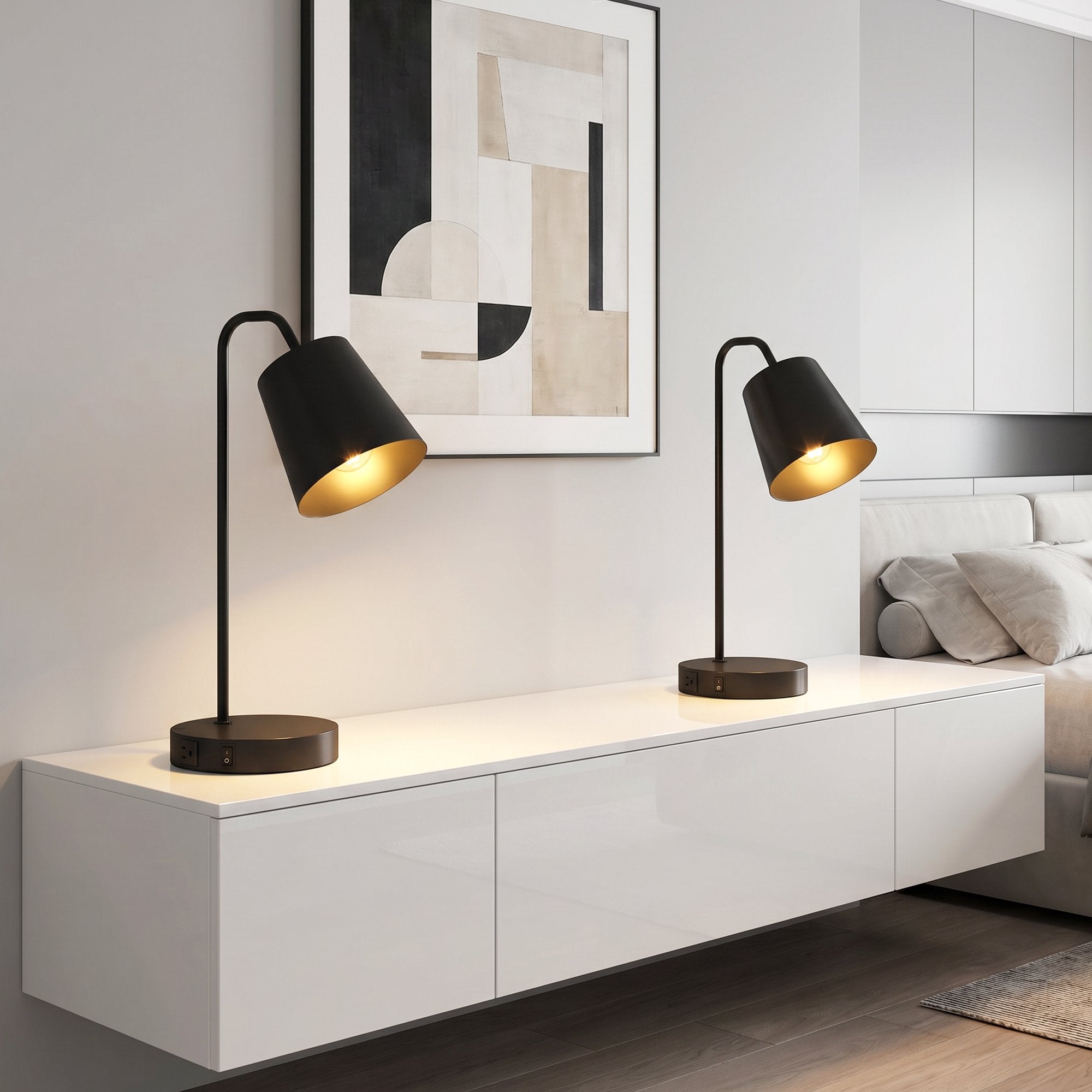 Bordlampa set om 2, svart stål, USB-A/USB-C, E27