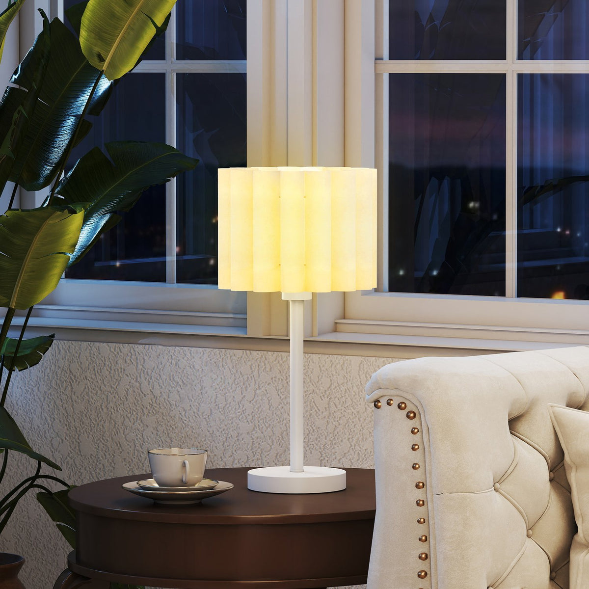 Bordslampe i retrostil, hvit plastskjerm, E27-sokkel