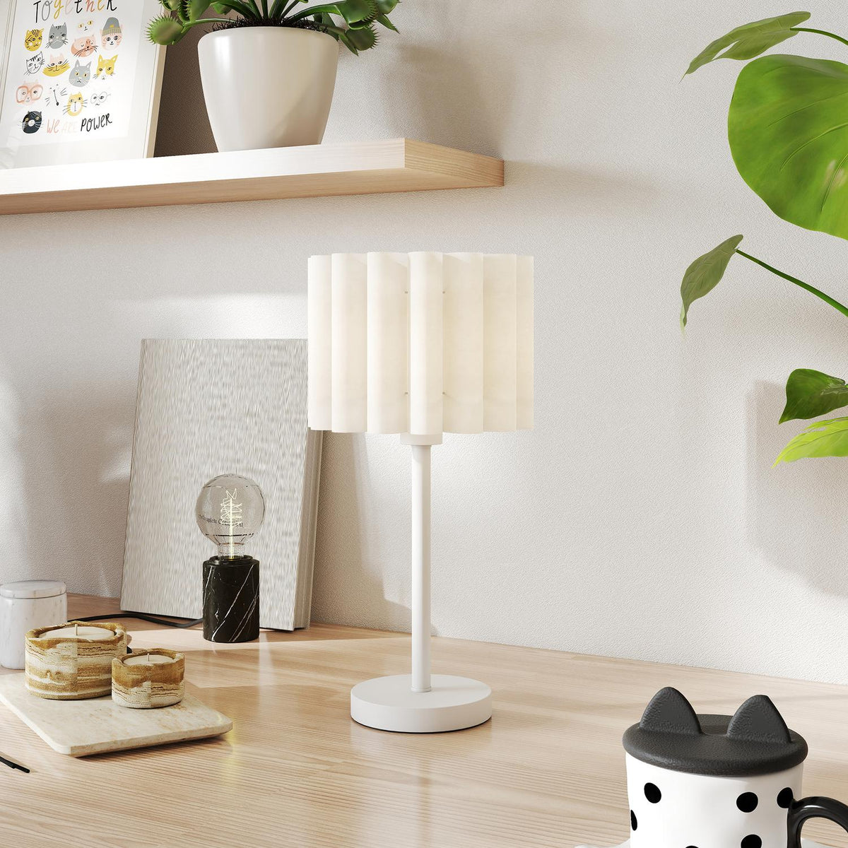 Bordslampe i retrostil, hvit plastskjerm, E27-sokkel