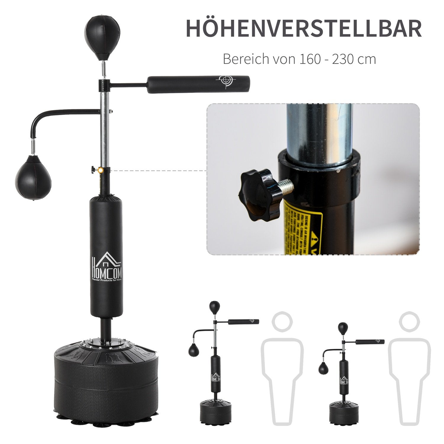 Boxningsstativ Stående Boxningstränare Med 2 Hastighetsbollar Reflexstång Och Sugkoppsbas 160-230Cm Höjdjusterbar Svart