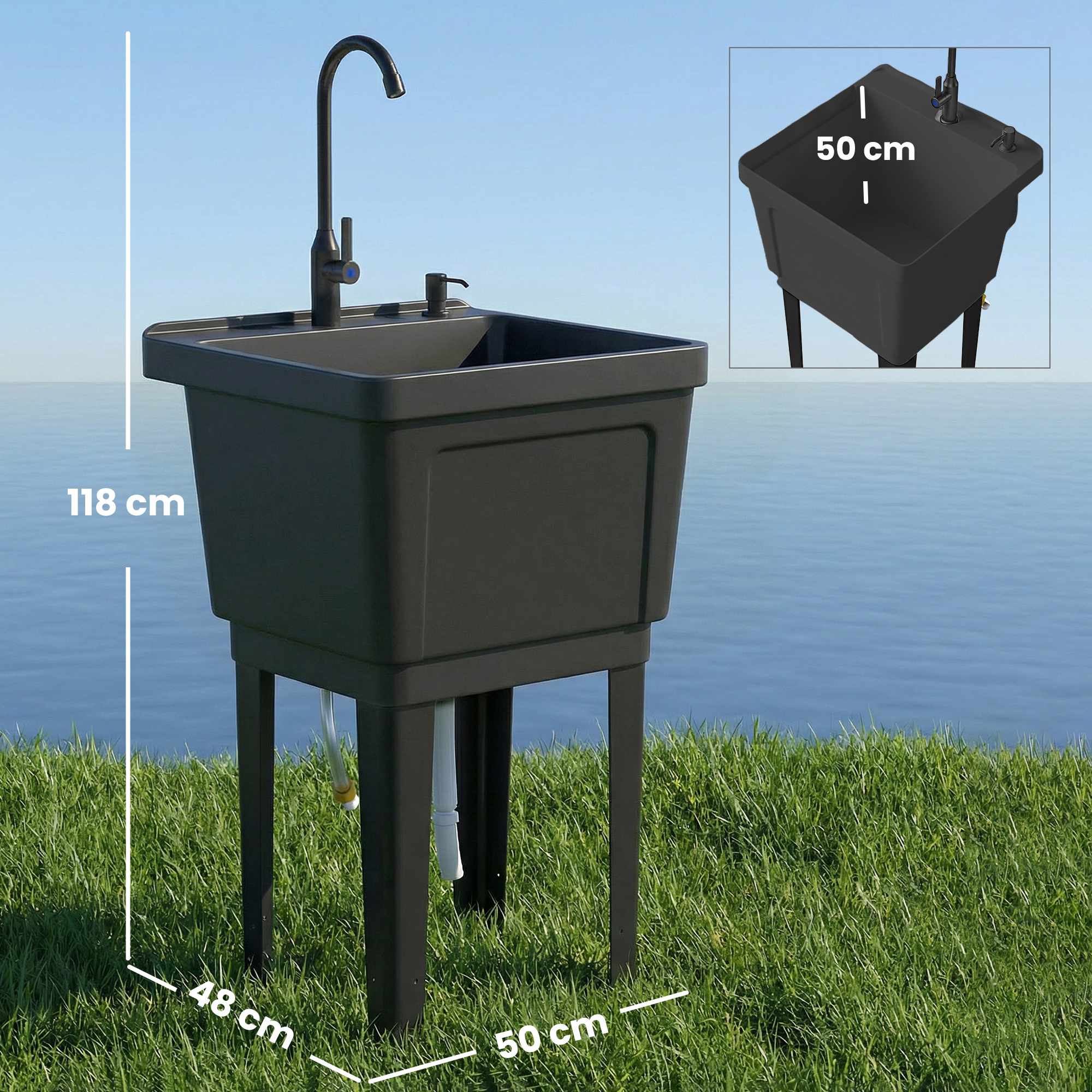 Bärbar campingdiskho med kran och tvålpump, svart