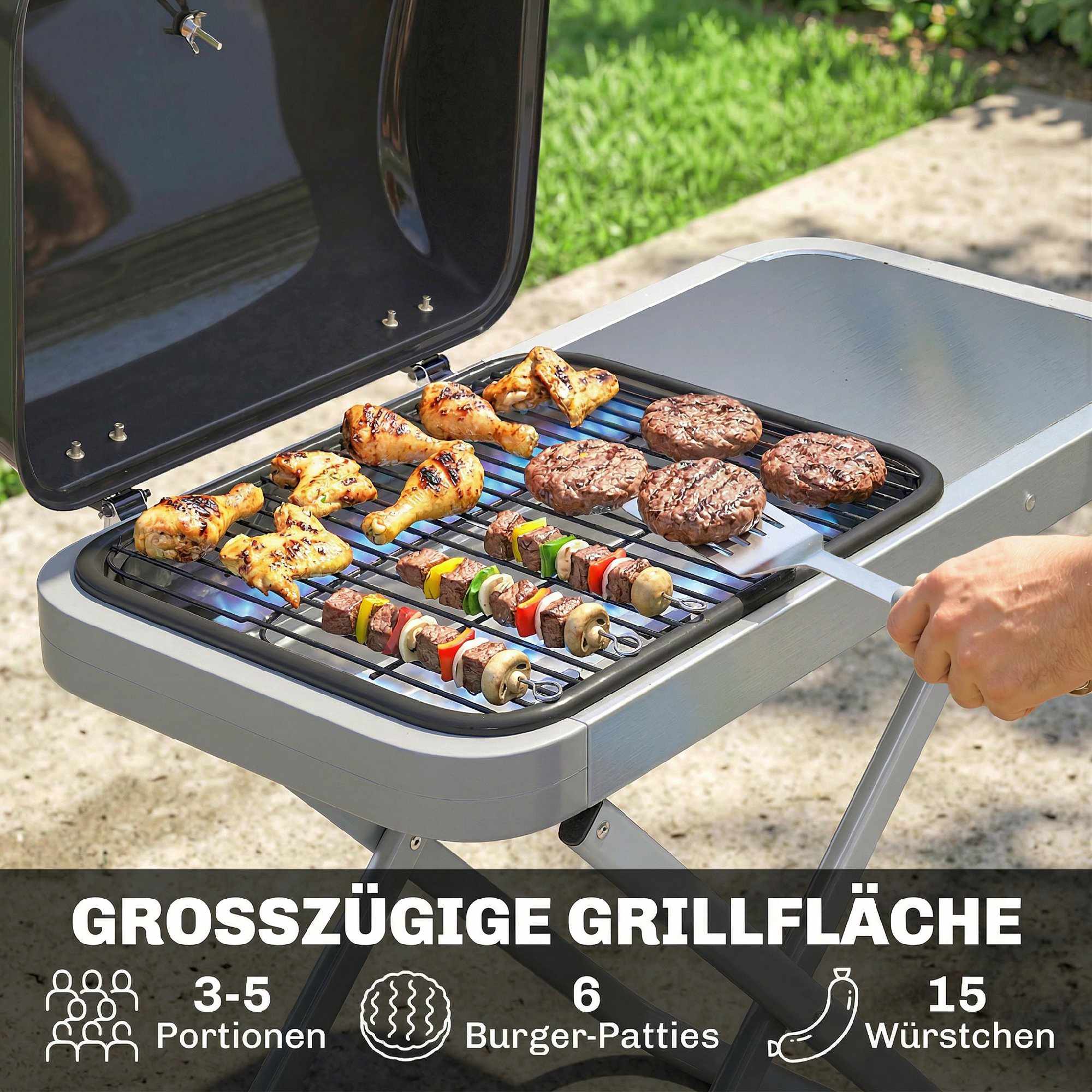 Bärbar gasgrill med 1 brännare, hopfällbar vagn, termometer