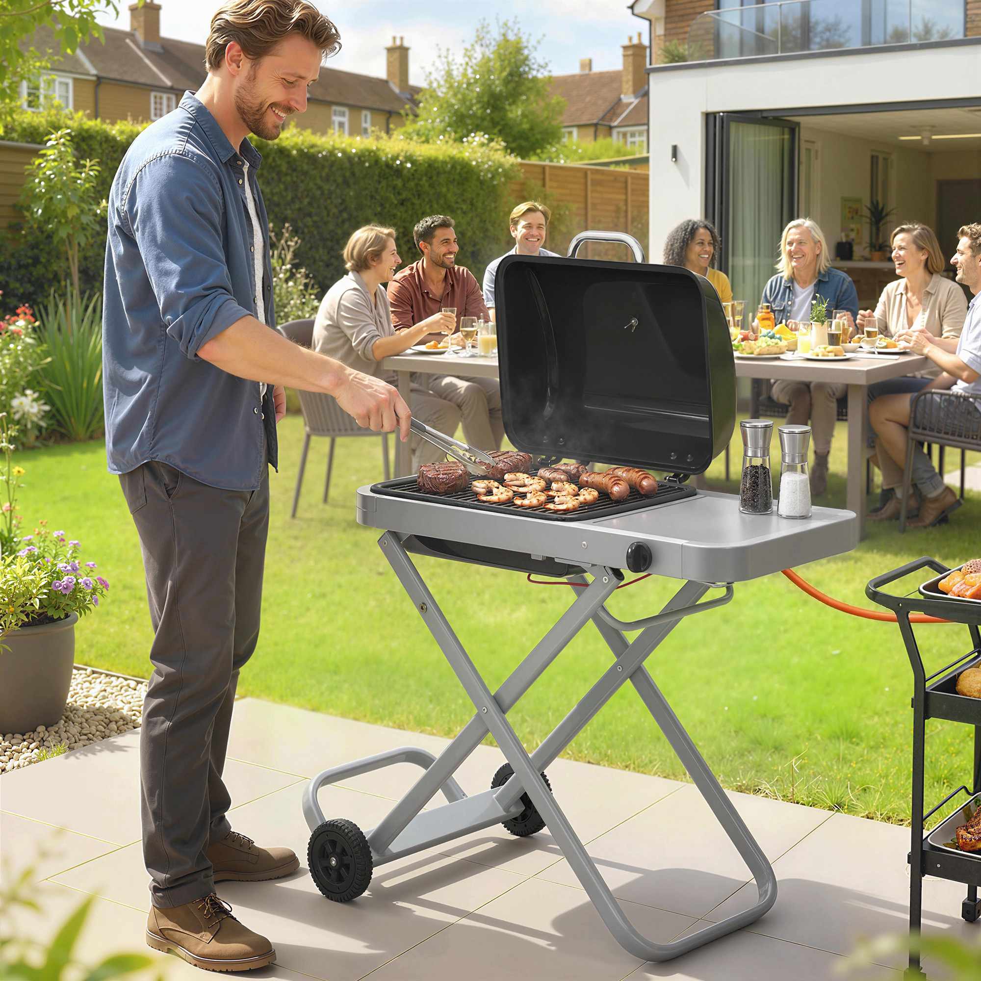 Bärbar gasgrill med 1 brännare, hopfällbar vagn, termometer