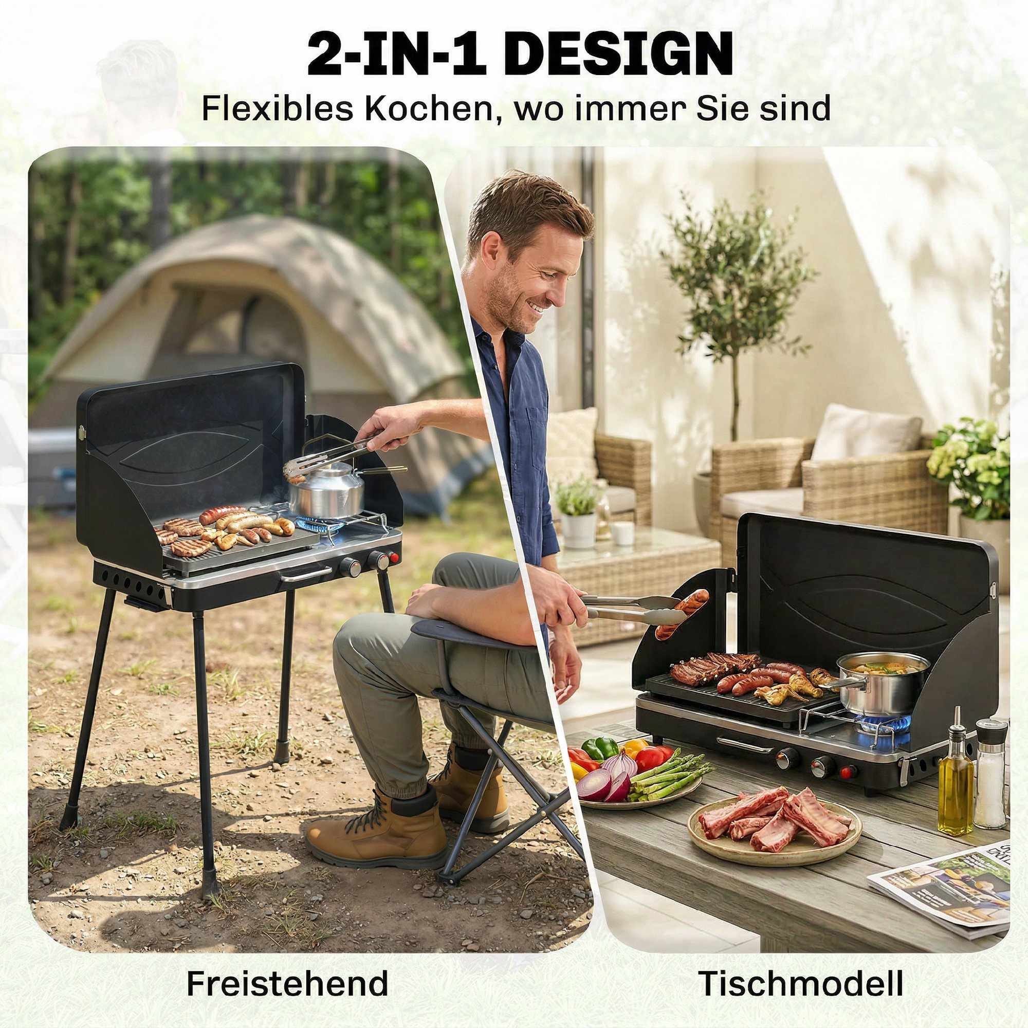 Bärbar gasgrill med 2 brännare, 7 kW, bordsmonterad