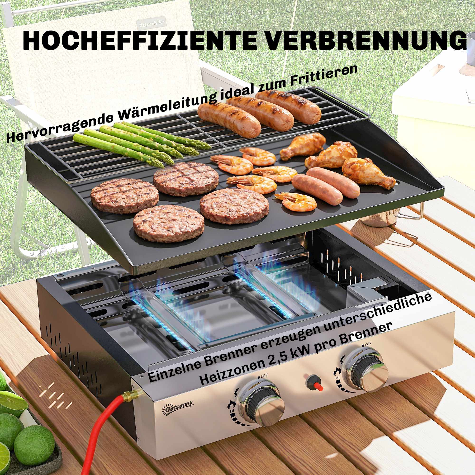 Bärbar gasgrill med 2 brännare, keramiskt belagt galler