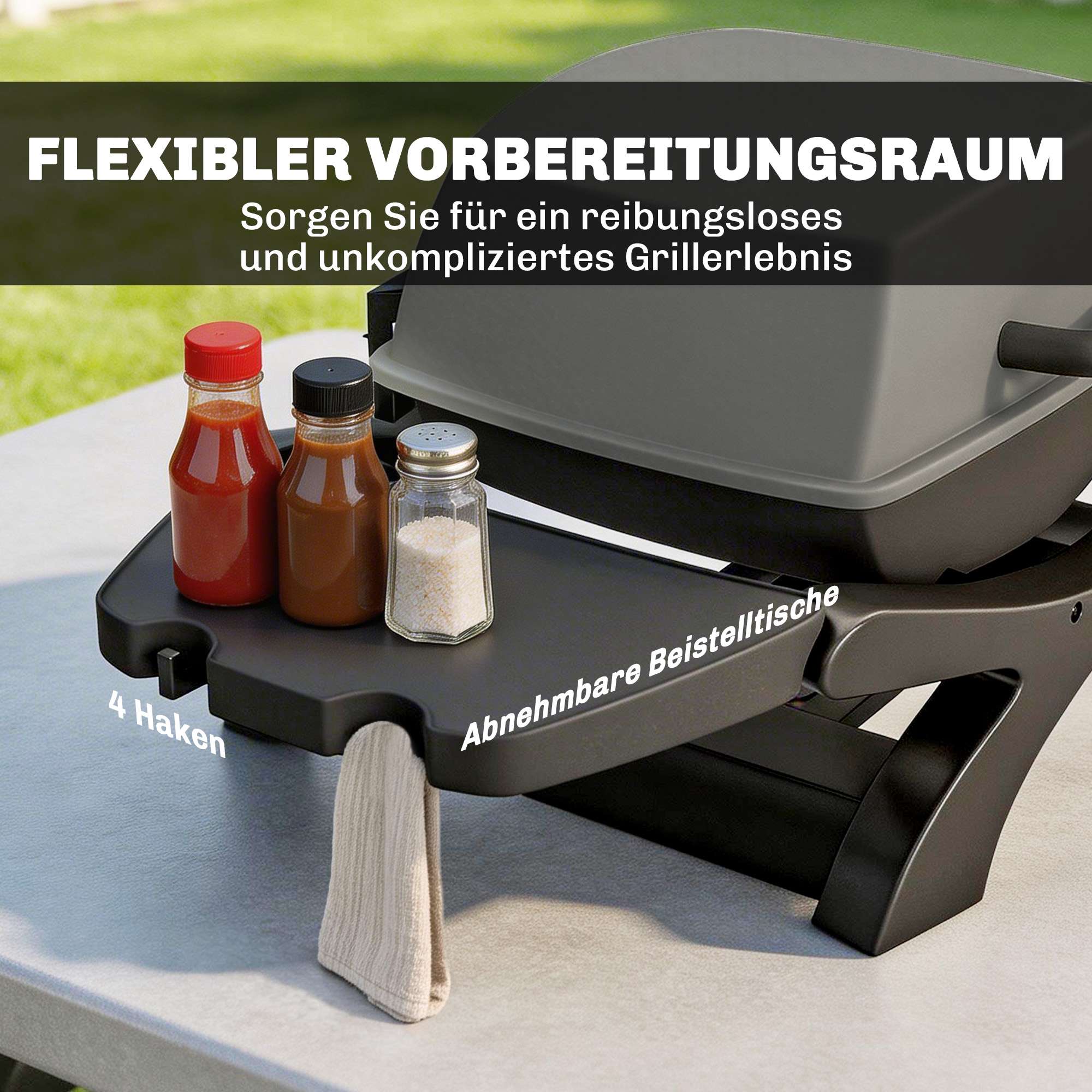 Bärbar gasgrill med 3,3 kW brännare och sidobord