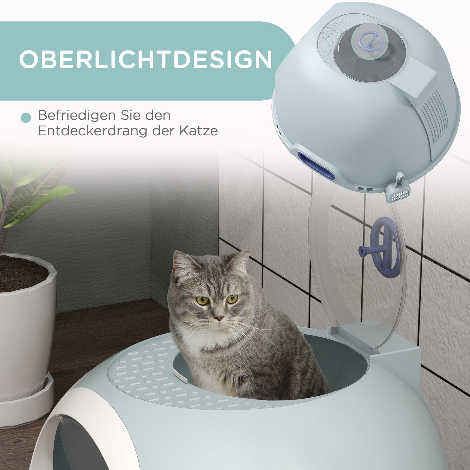 Bärbar kattsandlåda, takfönster och skopa, sjöblå