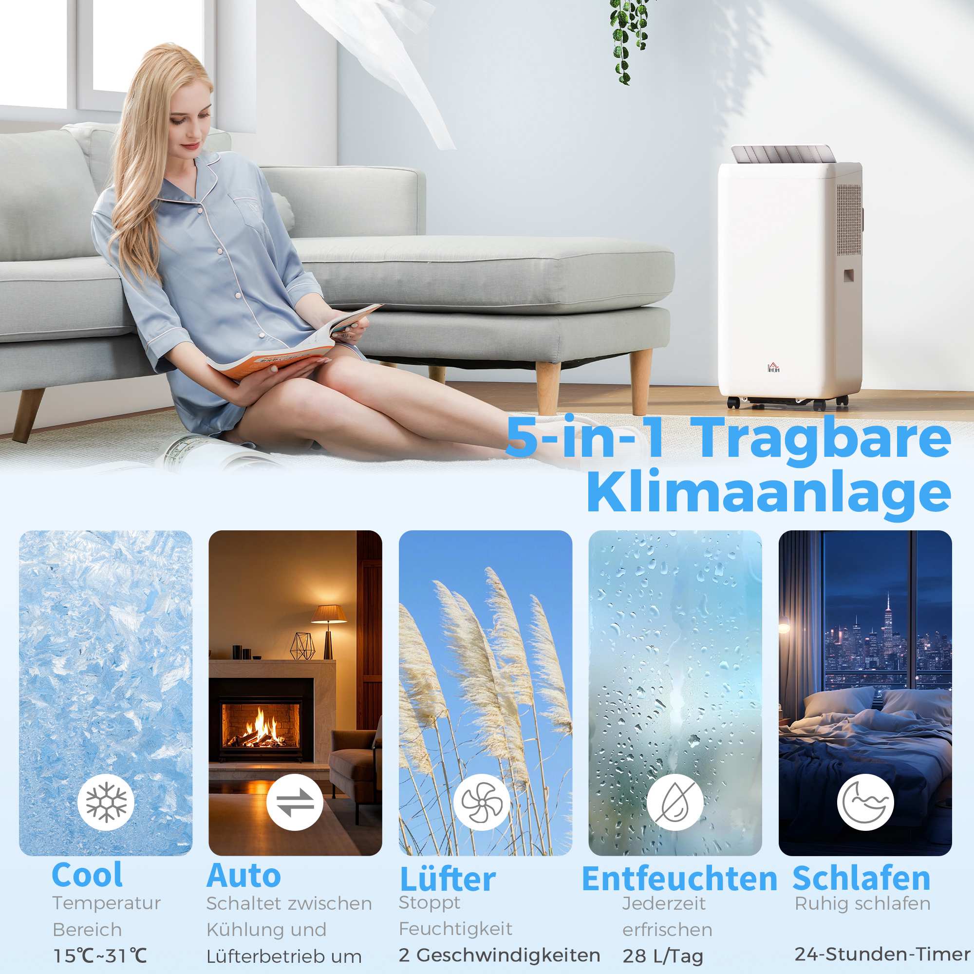Bärbar luftkonditionering, 12 000 BTU, 5-i-1, 35㎡ täckning