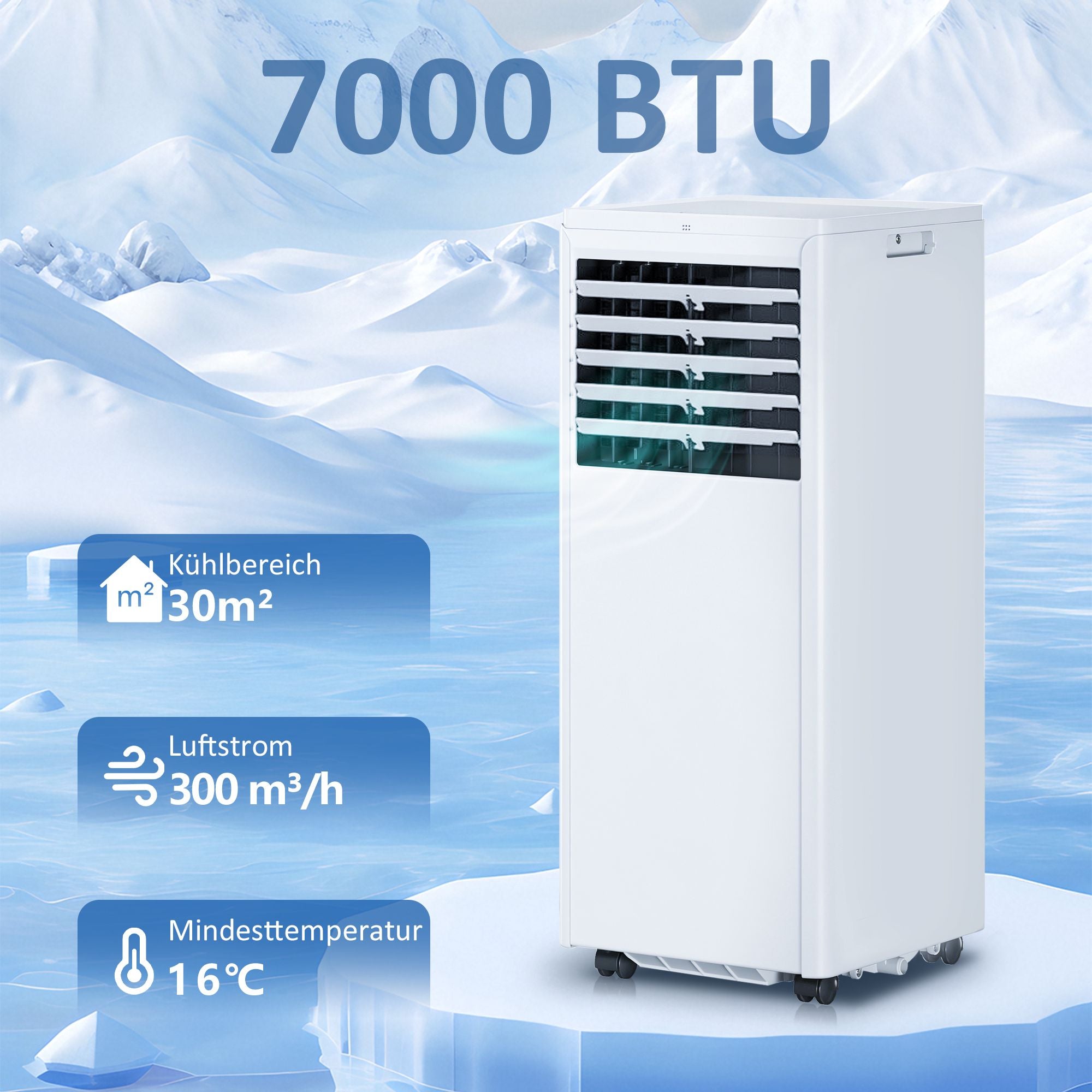 Bärbar luftkonditionering 7000 BTU, 4-i-1-kylning, avfuktare