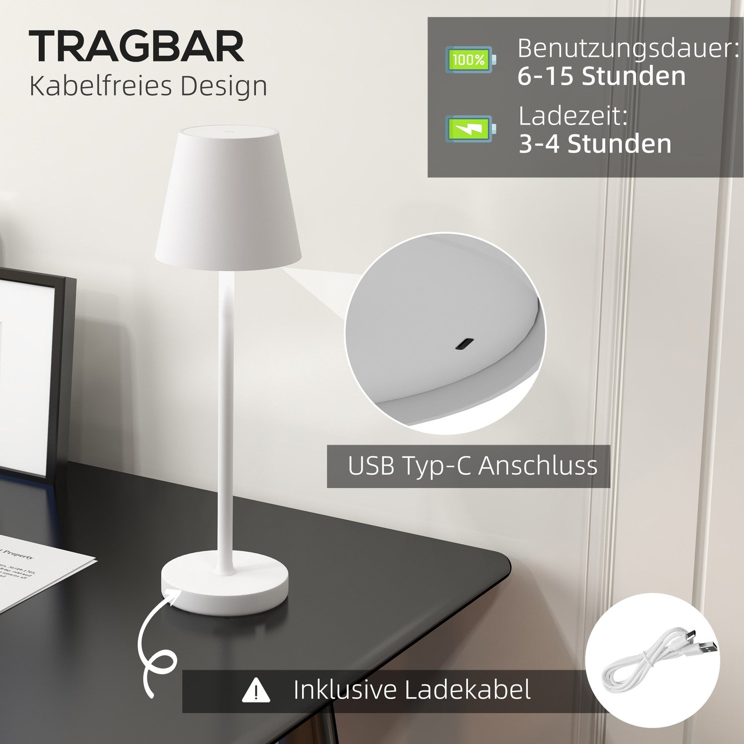 Bärbar metall USB-bordslampa – Uppladdningsbar, 3 ljuslägen