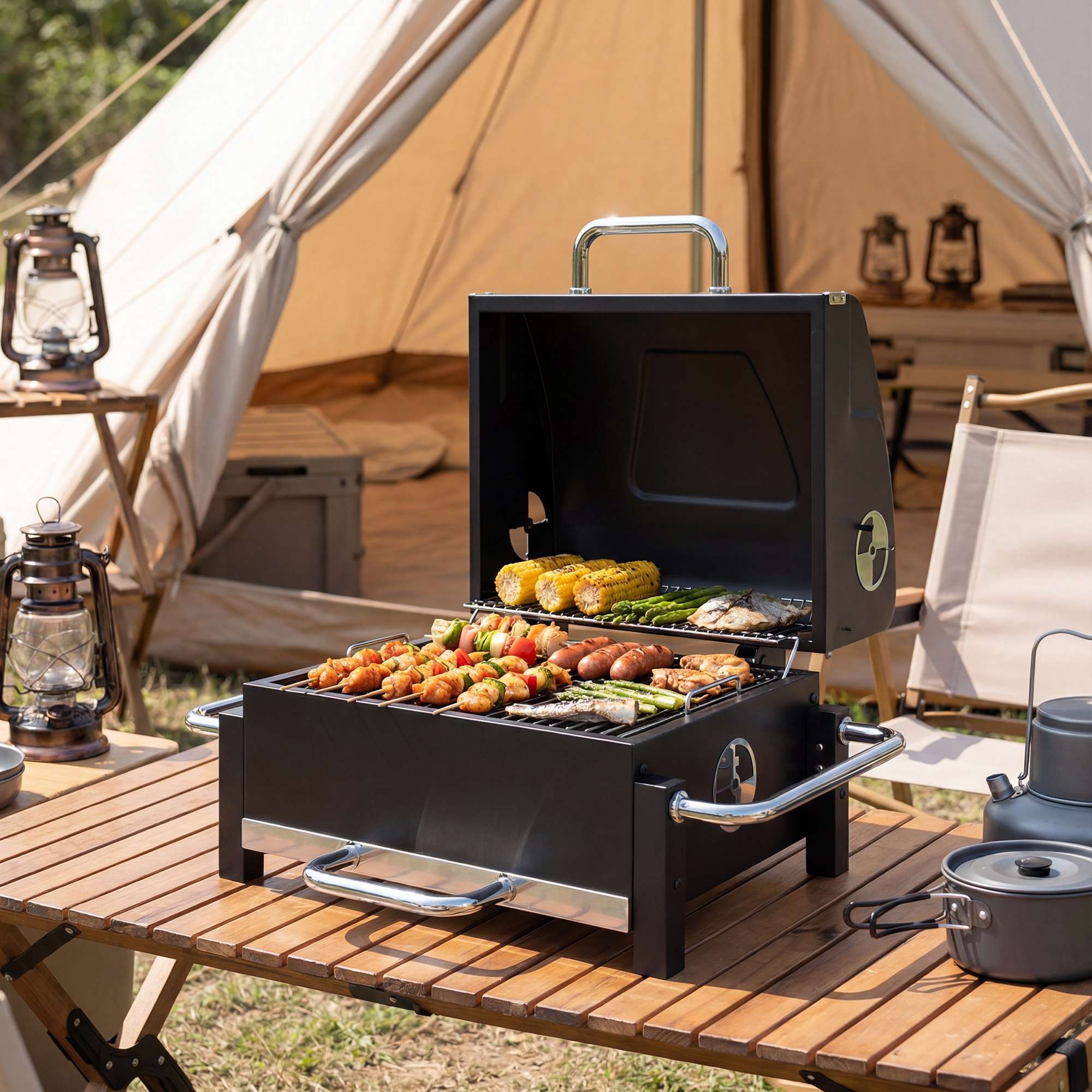 Bärbar stålkolgrill med lock och termometer