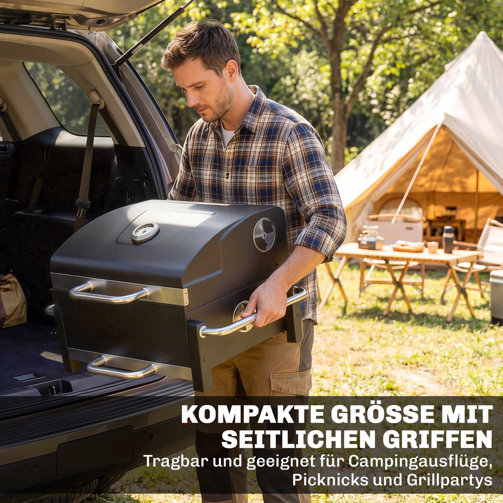 Bärbar stålkolgrill med lock och termometer