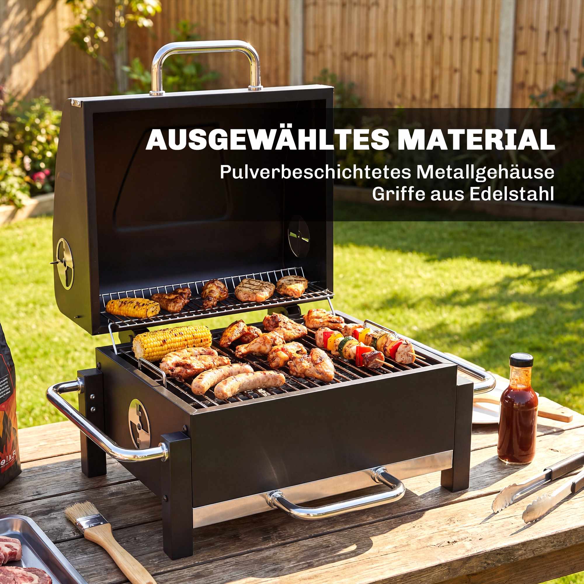 Bärbar stålkolgrill med lock och termometer